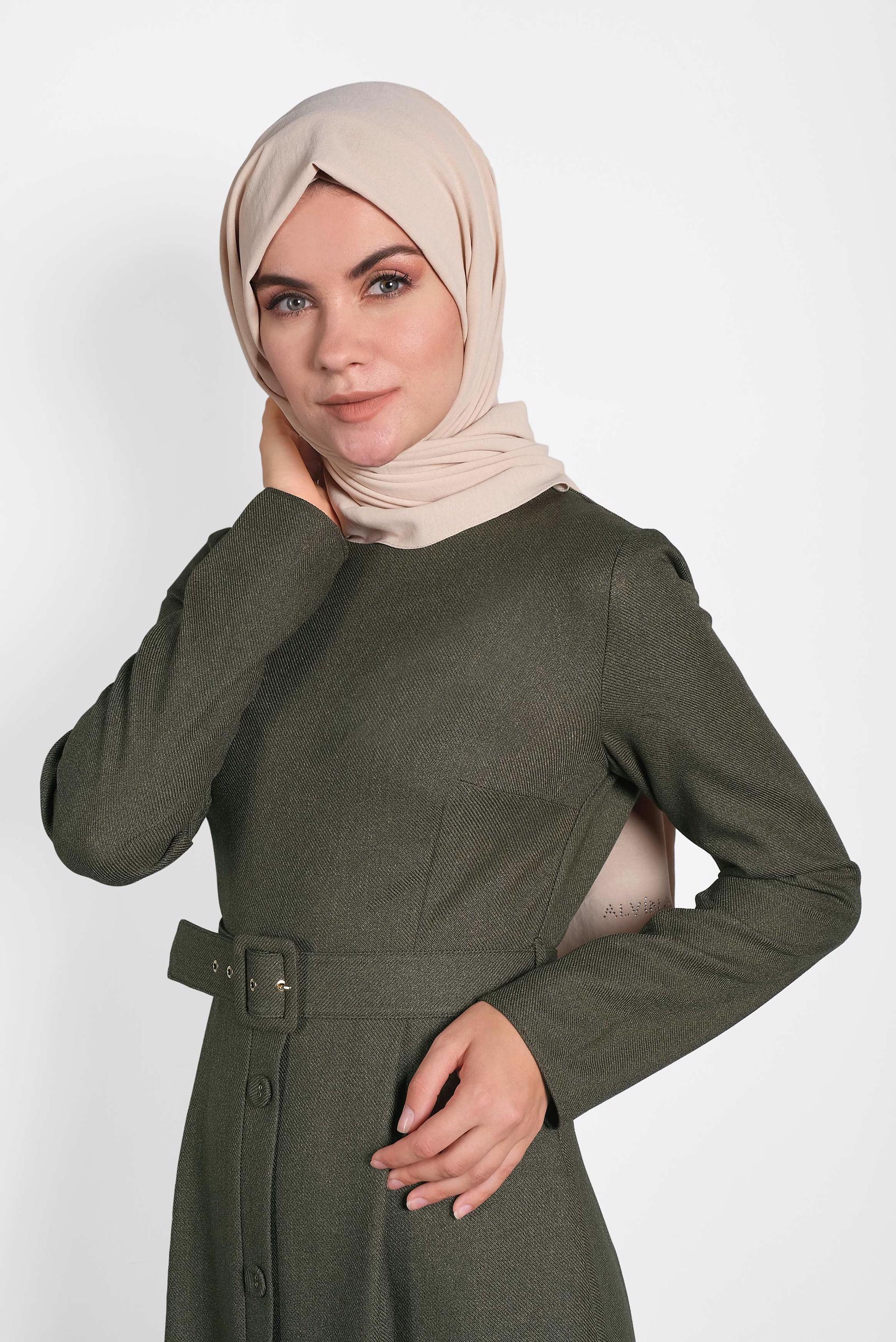 Tesettür giyim HAKİ KEMERLİ DÜĞMELİ ELBİSE 40134	
