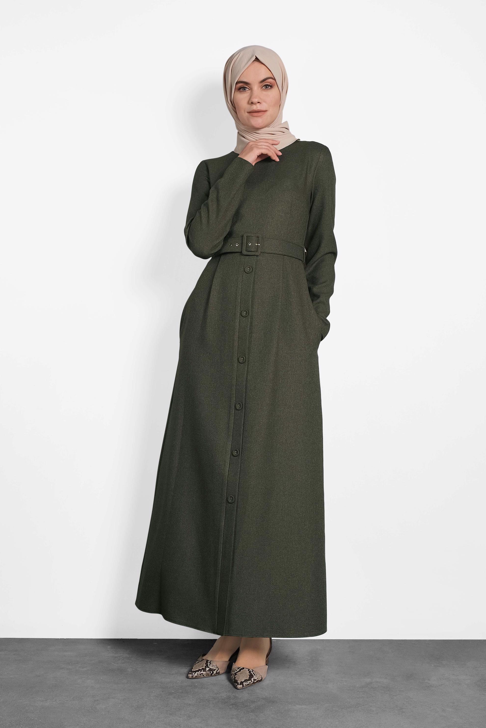 Tesettür giyim HAKİ KEMERLİ DÜĞMELİ ELBİSE 40134	