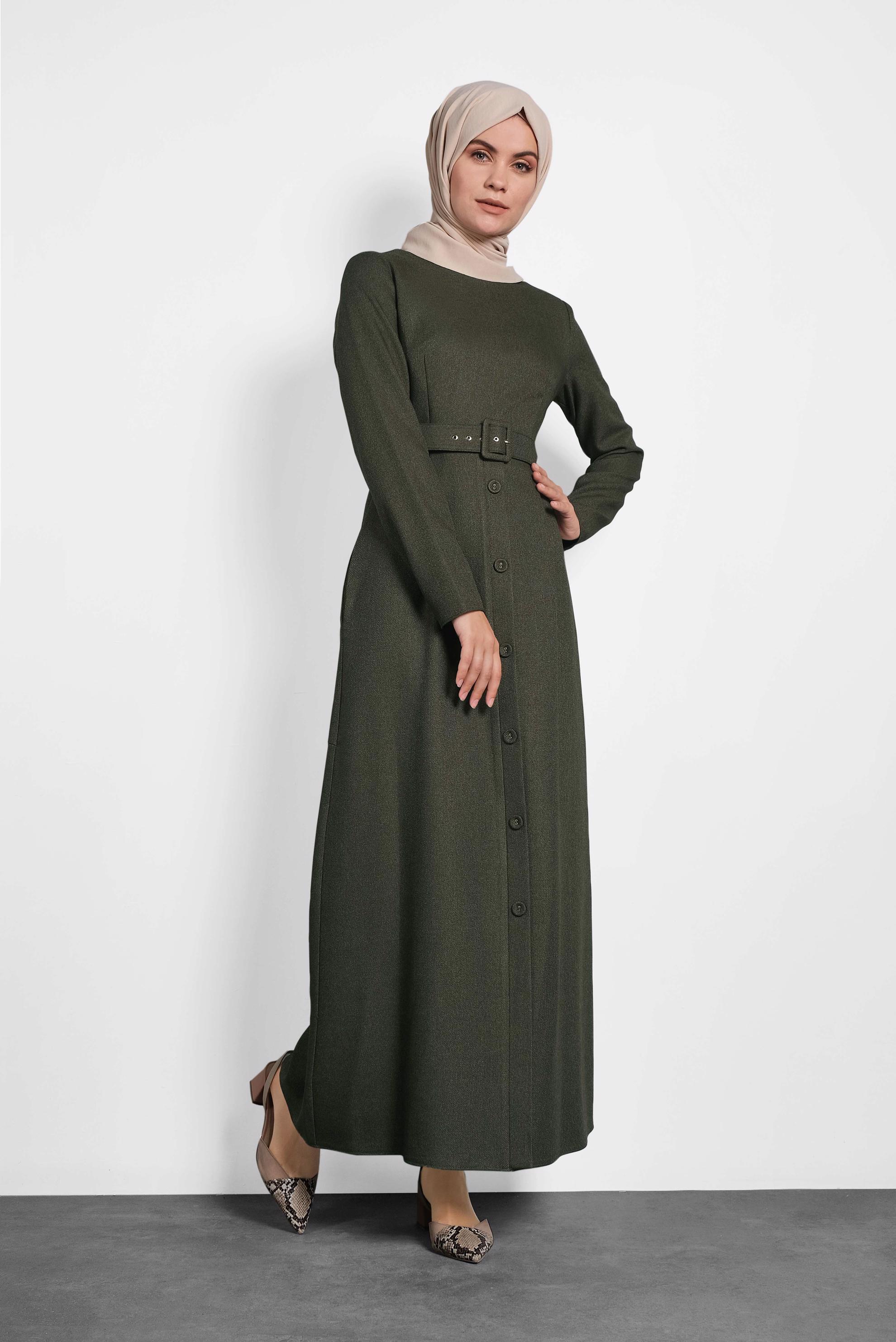 Tesettür giyim HAKİ KEMERLİ DÜĞMELİ ELBİSE 40134	