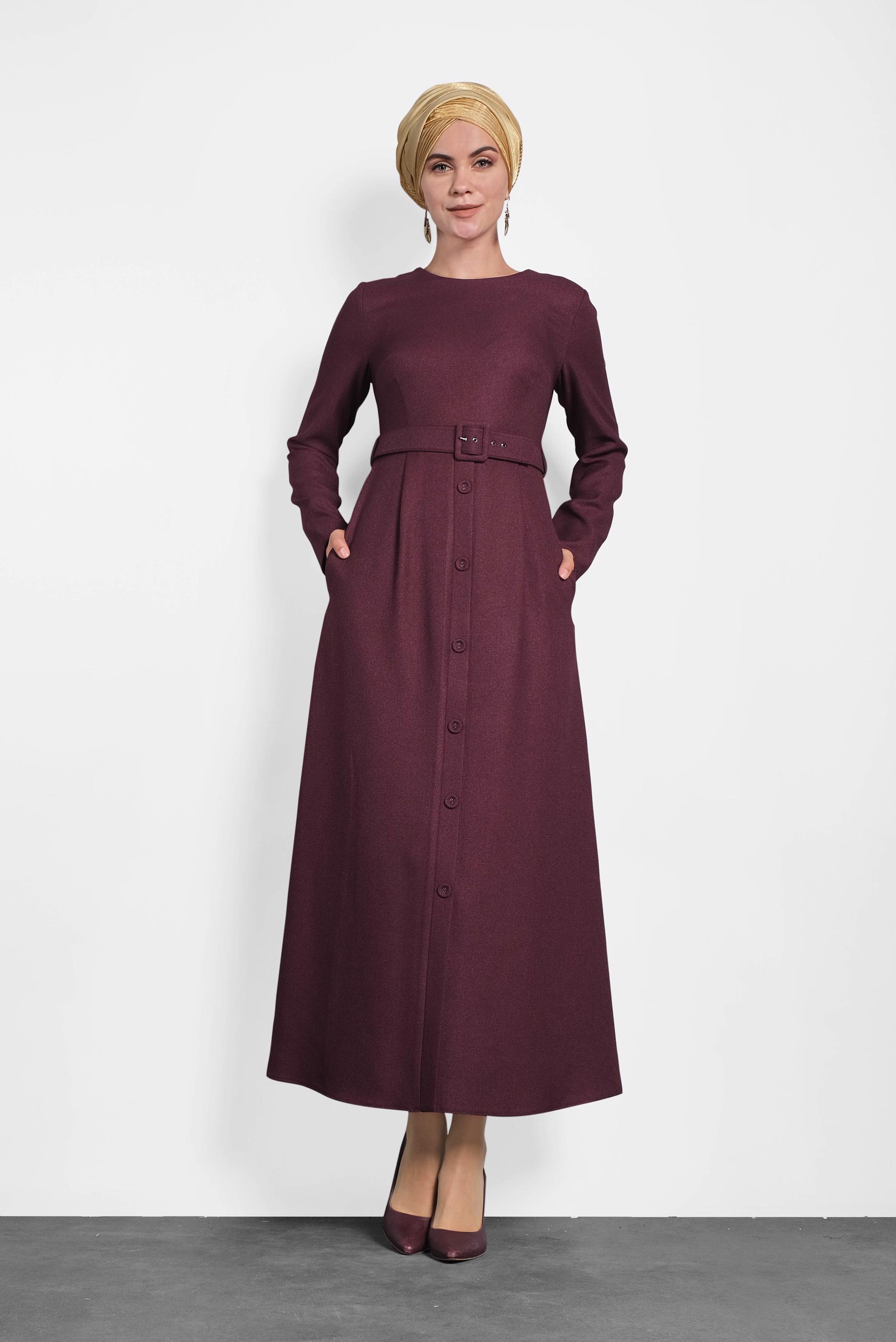 Tesettür giyim MÜRDÜM KEMERLİ DÜĞMELİ ELBİSE 40134	