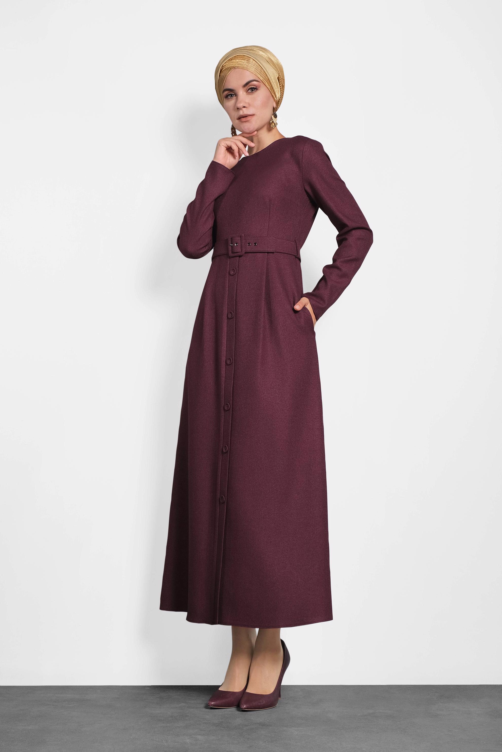 Tesettür giyim MÜRDÜM KEMERLİ DÜĞMELİ ELBİSE 40134	