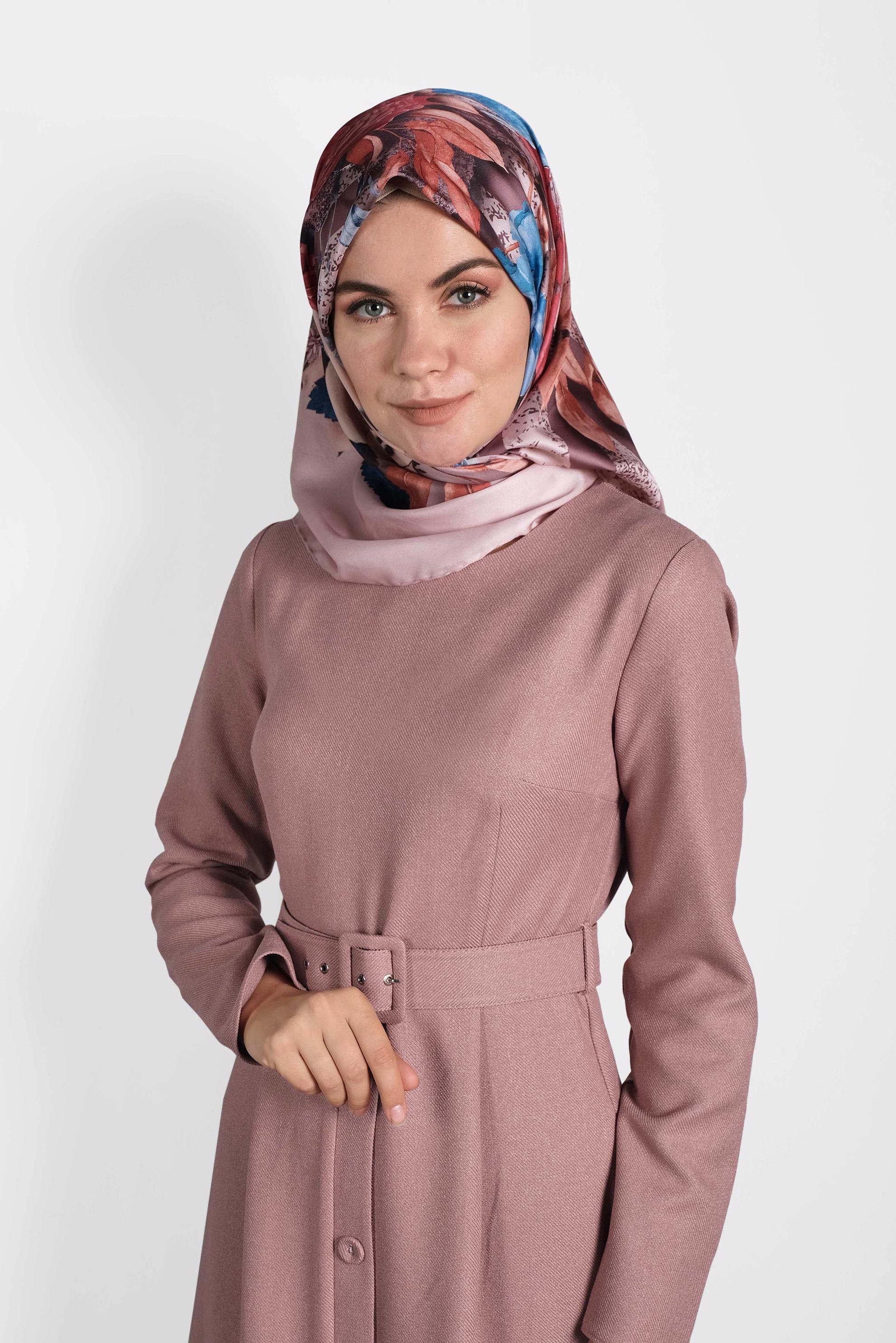 Tesettür giyim PUDRA KEMERLİ DÜĞMELİ ELBİSE 40134	