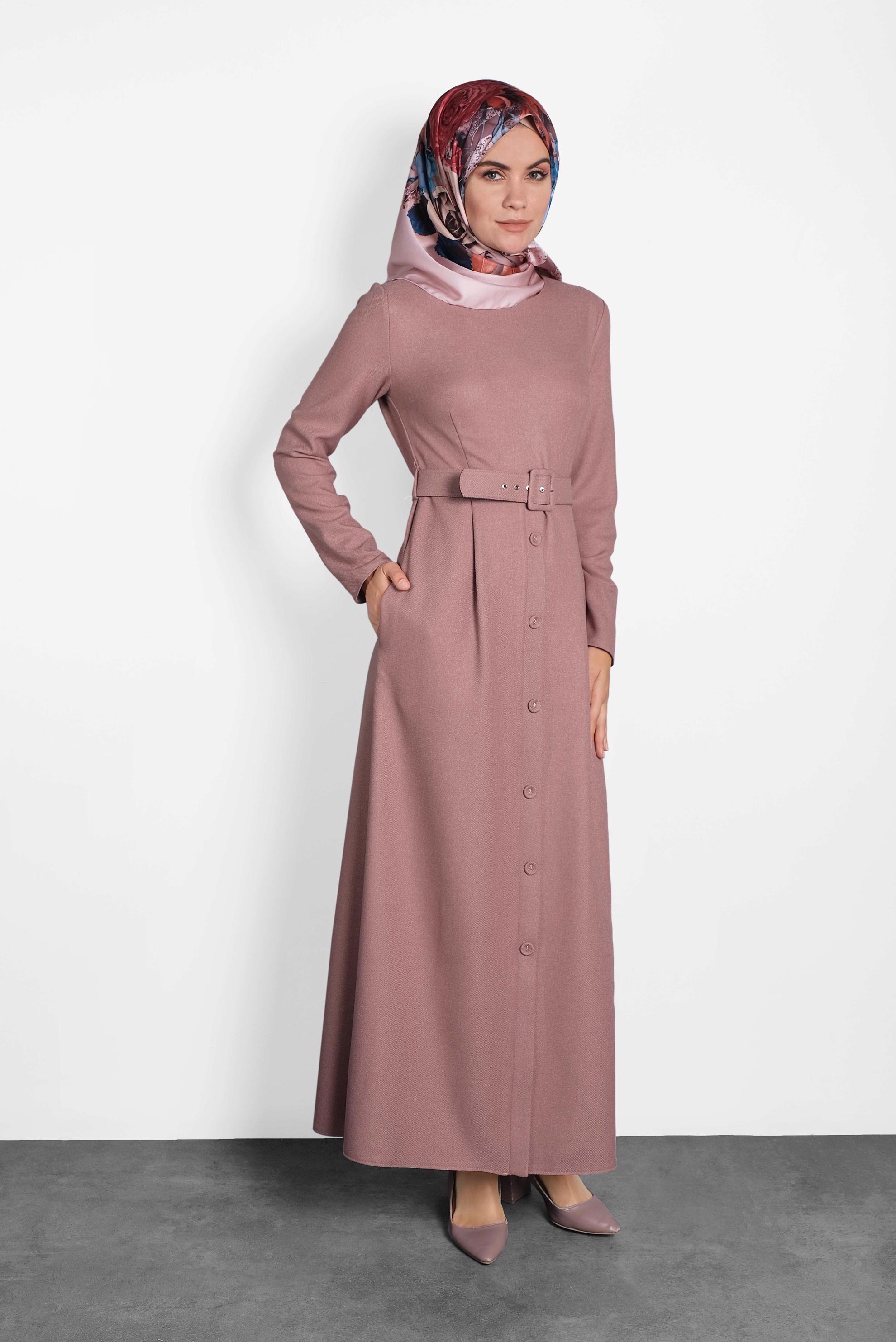Tesettür giyim PUDRA KEMERLİ DÜĞMELİ ELBİSE 40134	