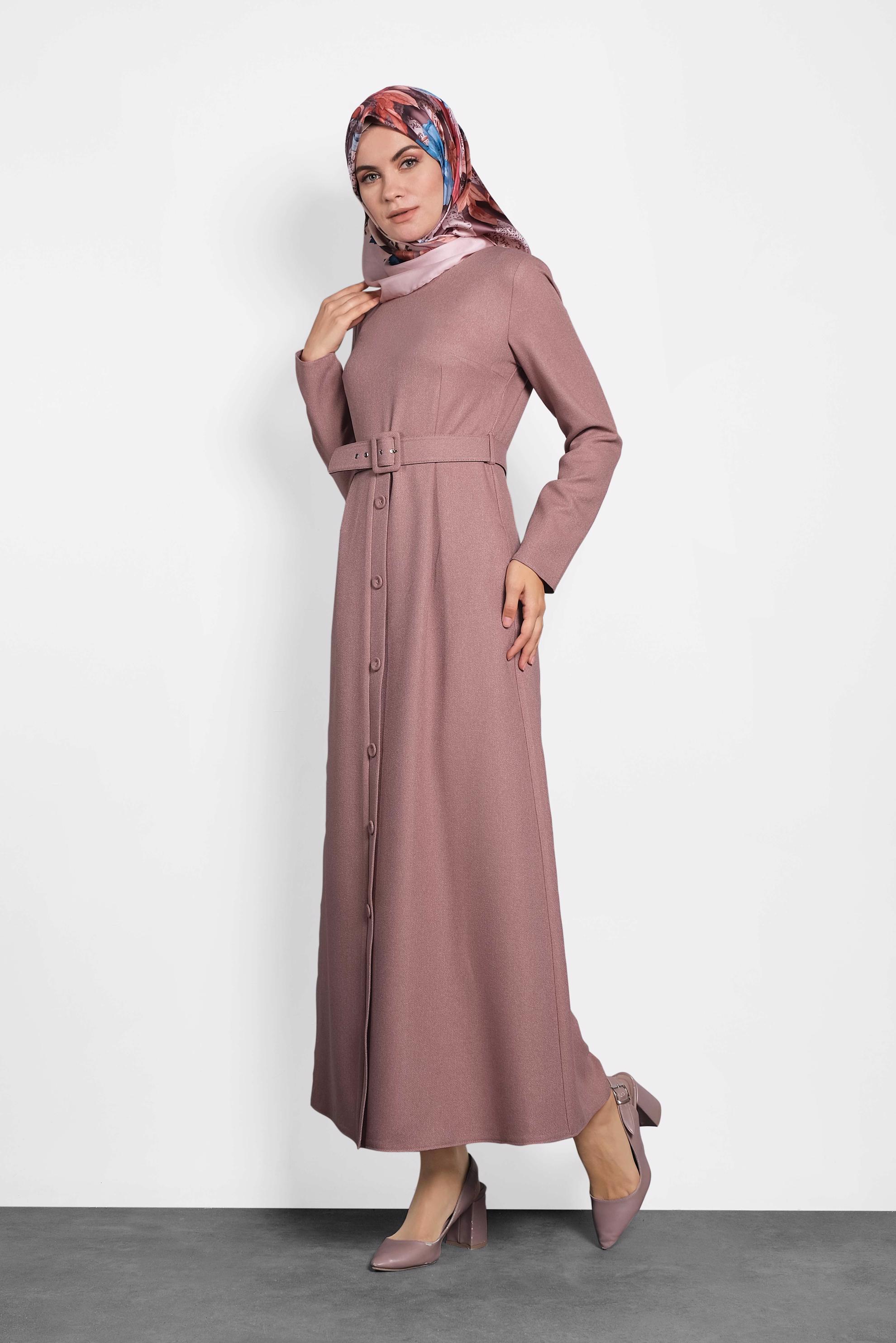 Tesettür giyim PUDRA KEMERLİ DÜĞMELİ ELBİSE 40134	