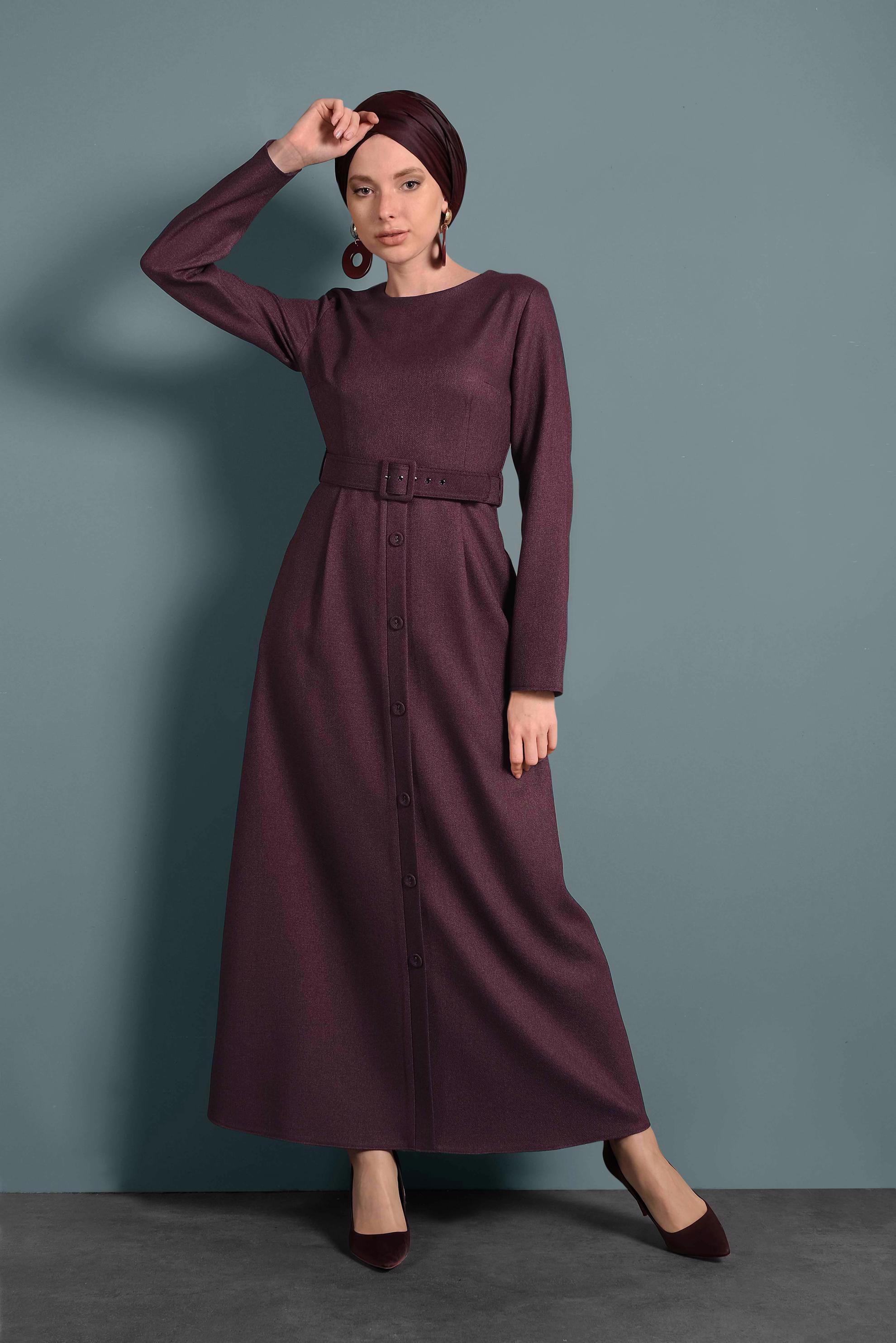 Tesettür giyim MÜRDÜM KEMERLİ DÜĞMELİ ELBİSE 40134	