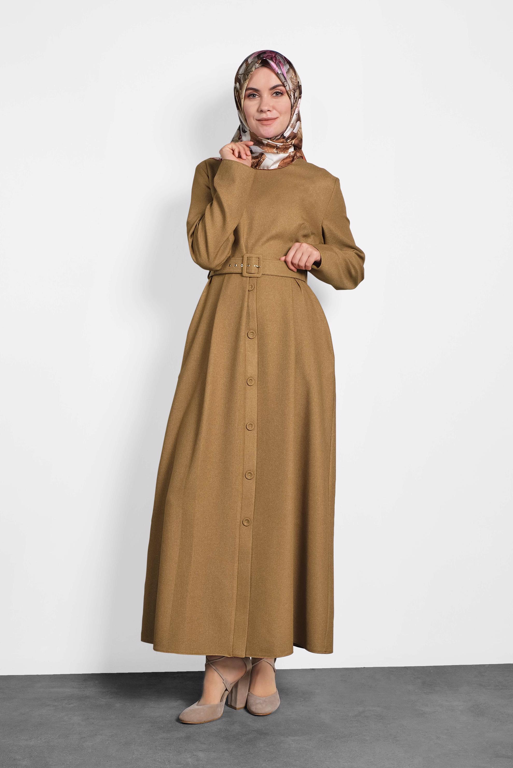 Tesettür giyim SARI KEMERLİ DÜĞMELİ ELBİSE 40134	