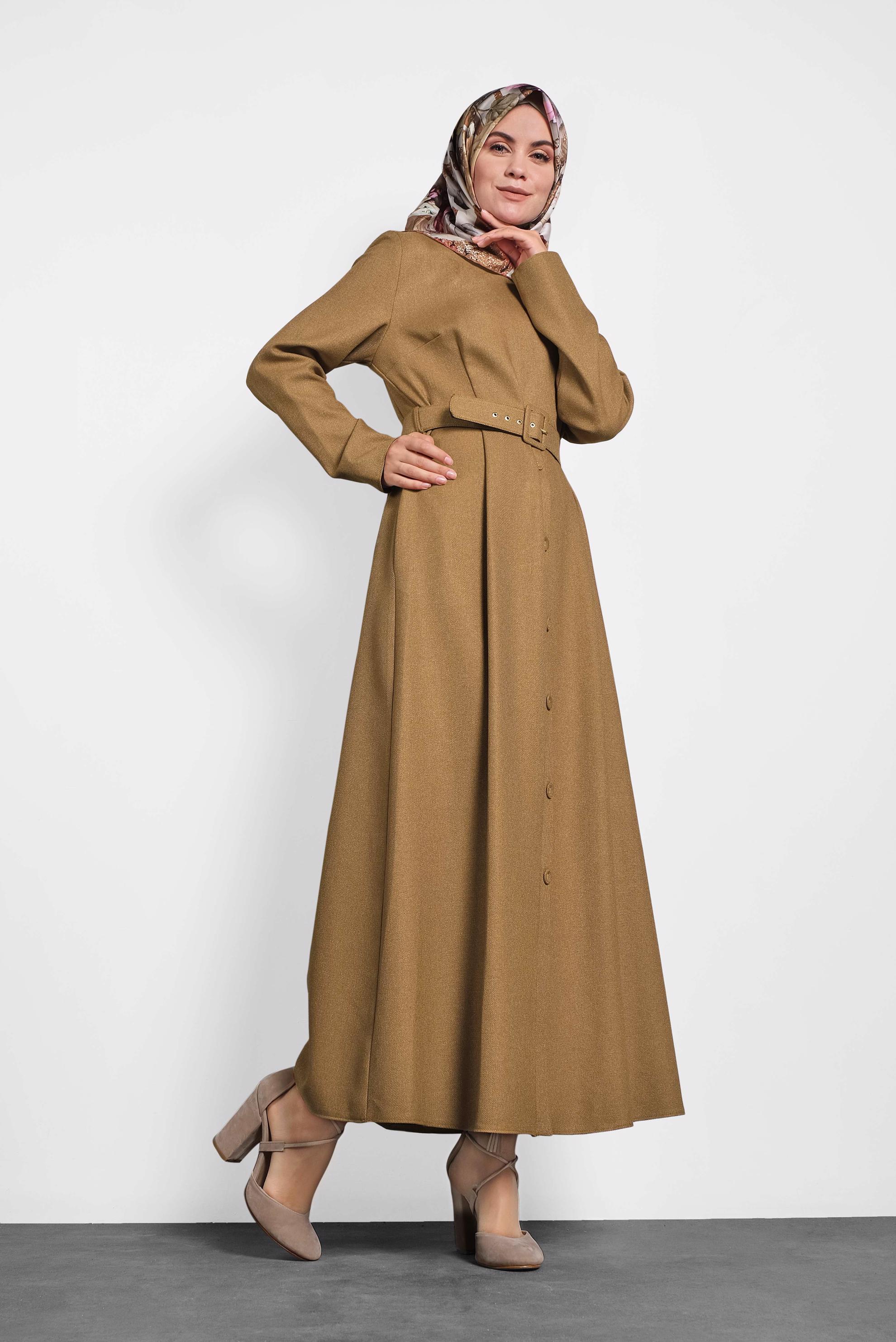 Tesettür giyim SARI KEMERLİ DÜĞMELİ ELBİSE 40134	