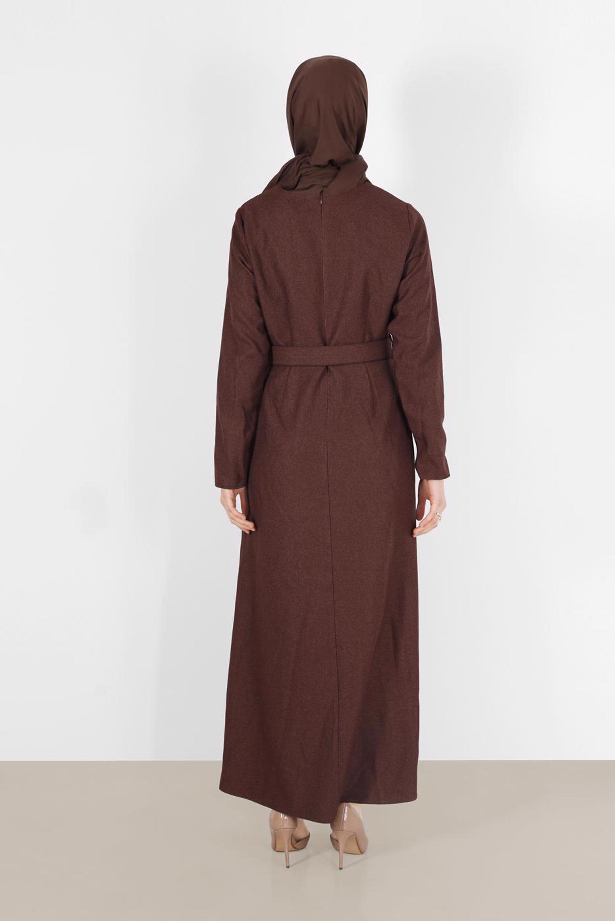 Tesettür giyim KAHVE KEMERLİ DÜĞMELİ ELBİSE 40134	