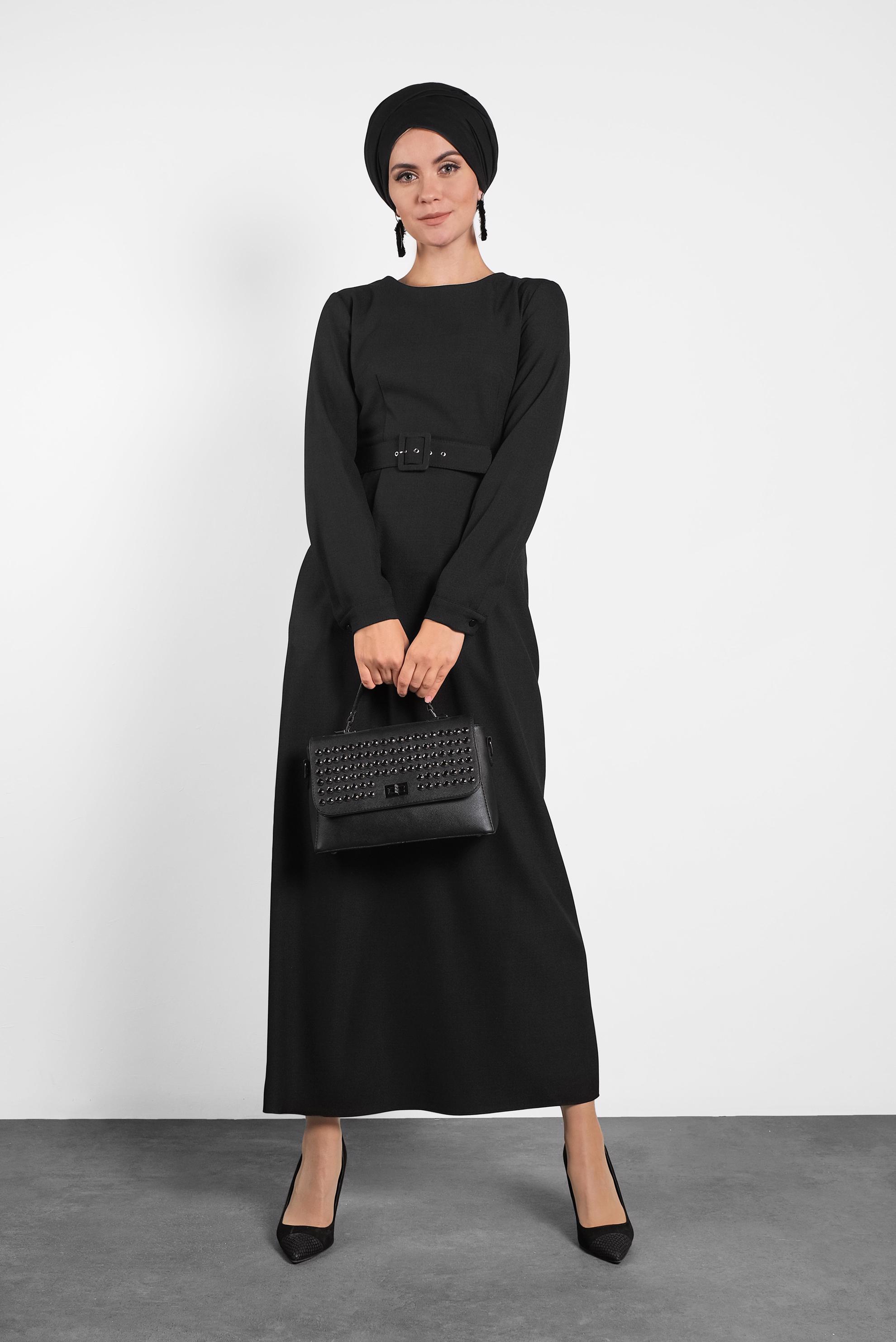 Tesettür giyim SİYAH KEMERLİ ELBİSE 40136 