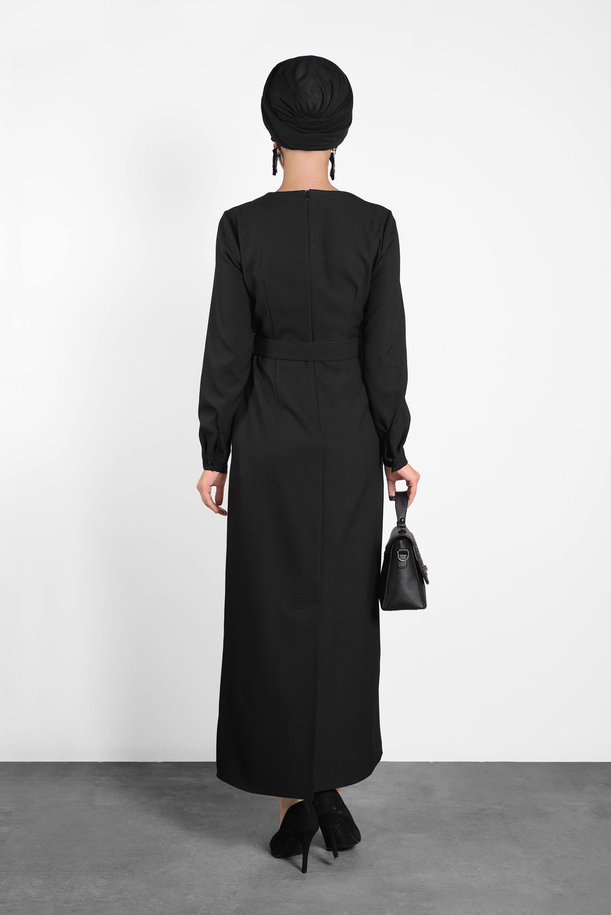 Tesettür giyim SİYAH KEMERLİ ELBİSE 40136 