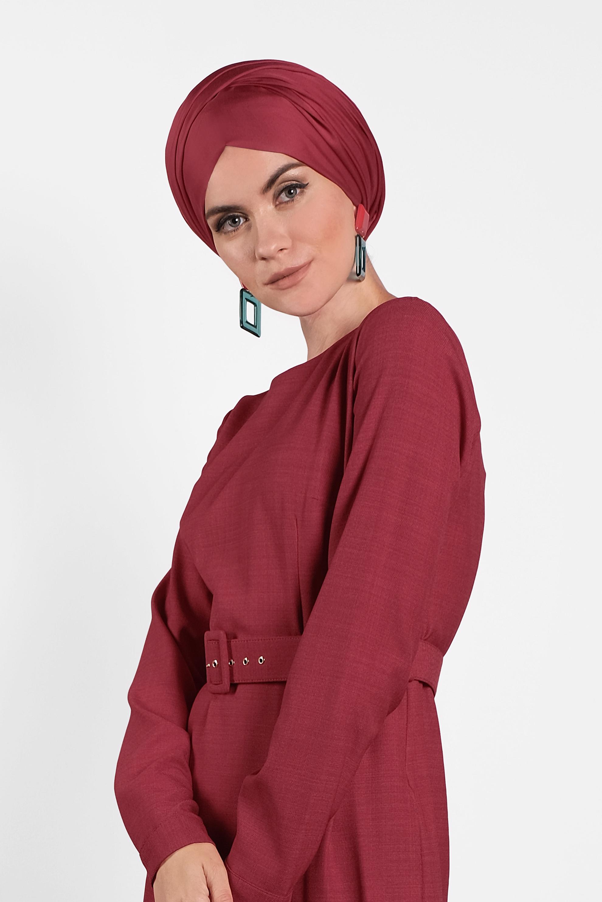 Tesettür giyim KIRMIZI KEMERLİ ELBİSE 40136 