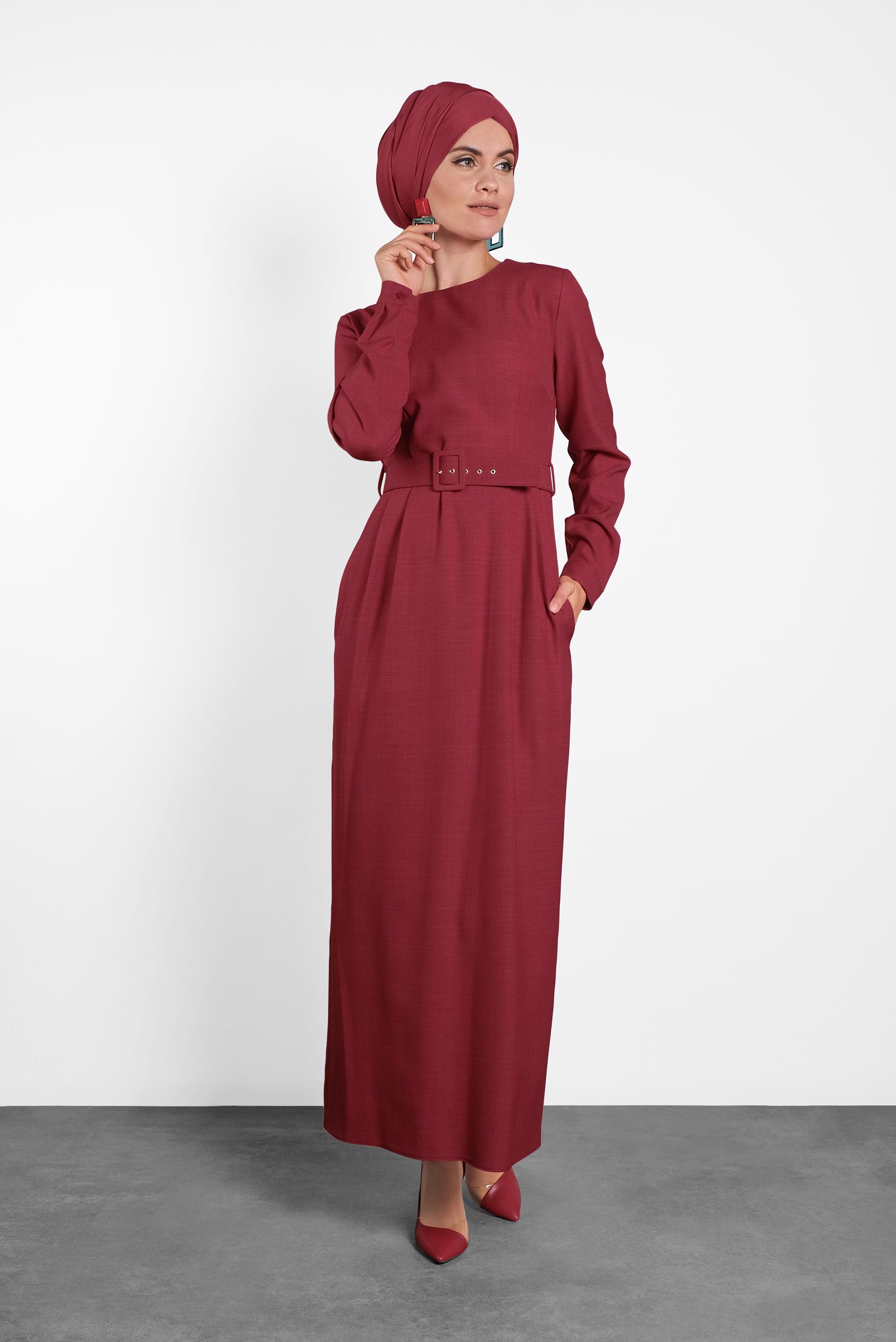 Tesettür giyim KIRMIZI KEMERLİ ELBİSE 40136 