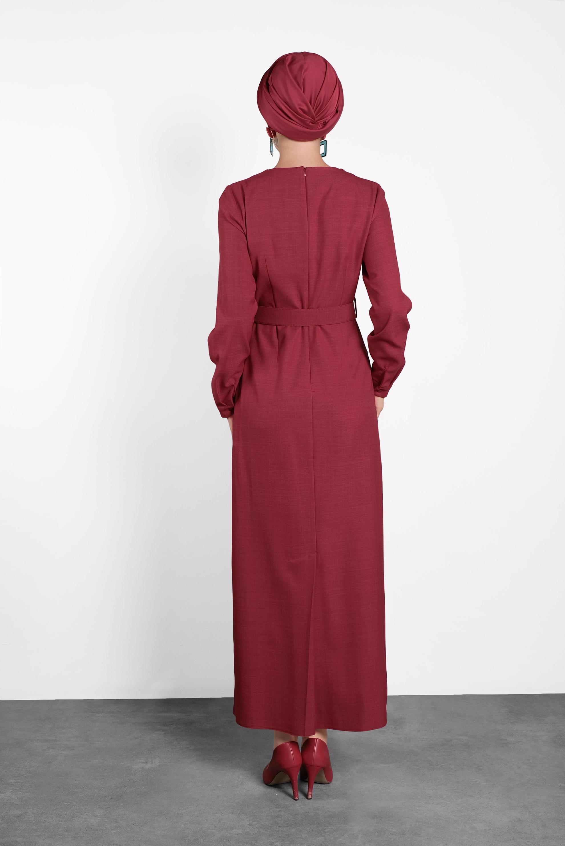 Tesettür giyim KIRMIZI KEMERLİ ELBİSE 40136 