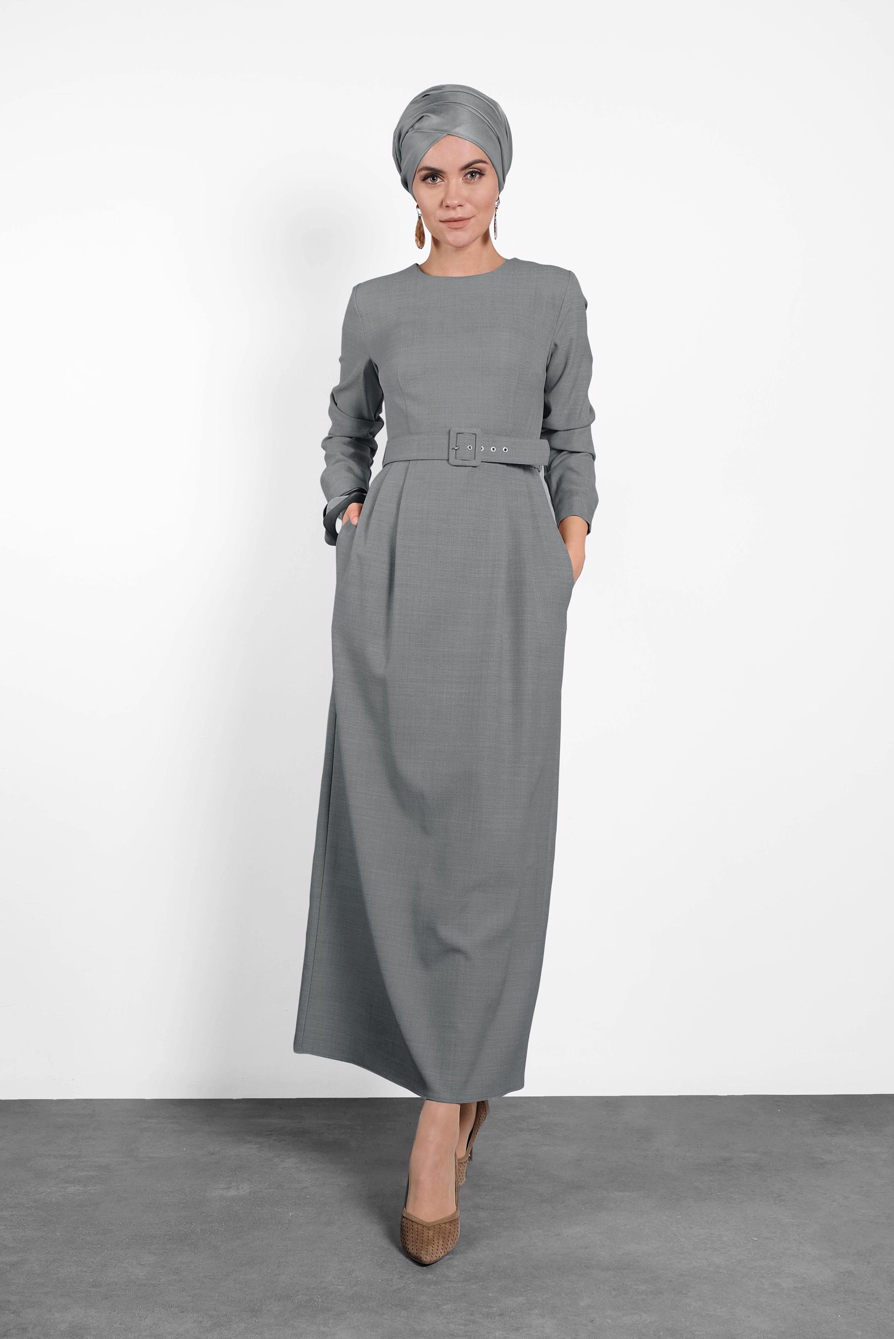 Tesettür giyim GRİ KEMERLİ ELBİSE 40136 