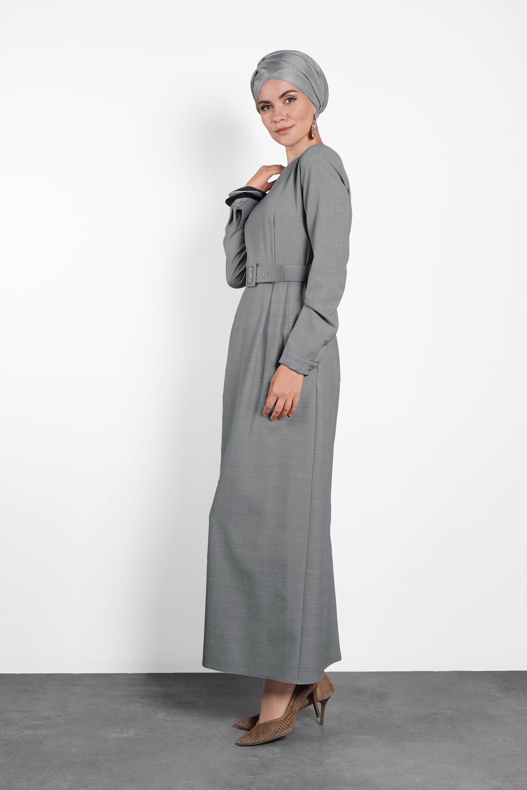 Tesettür giyim GRİ KEMERLİ ELBİSE 40136 