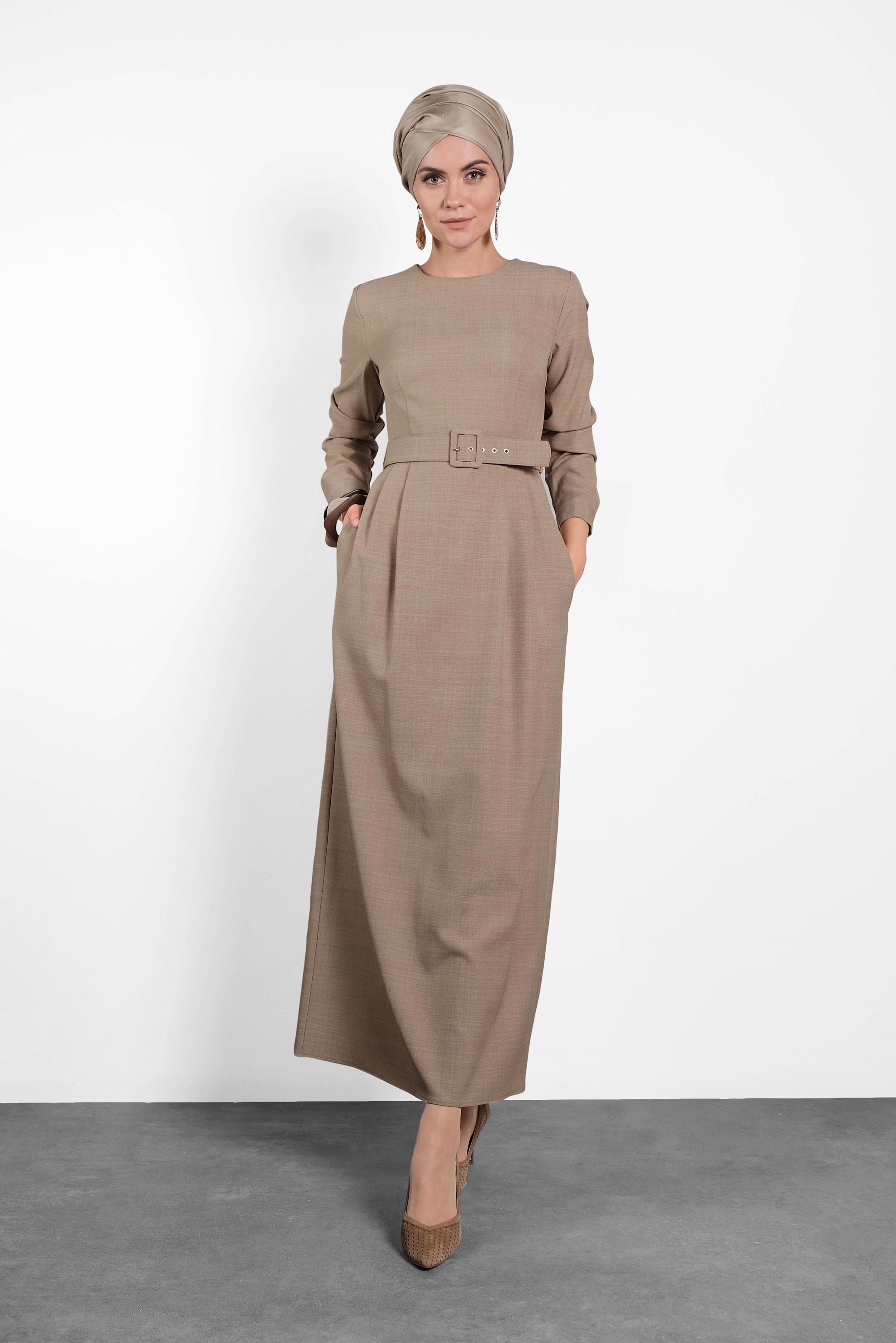 Tesettür giyim KAHVE KEMERLİ ELBİSE 40136 