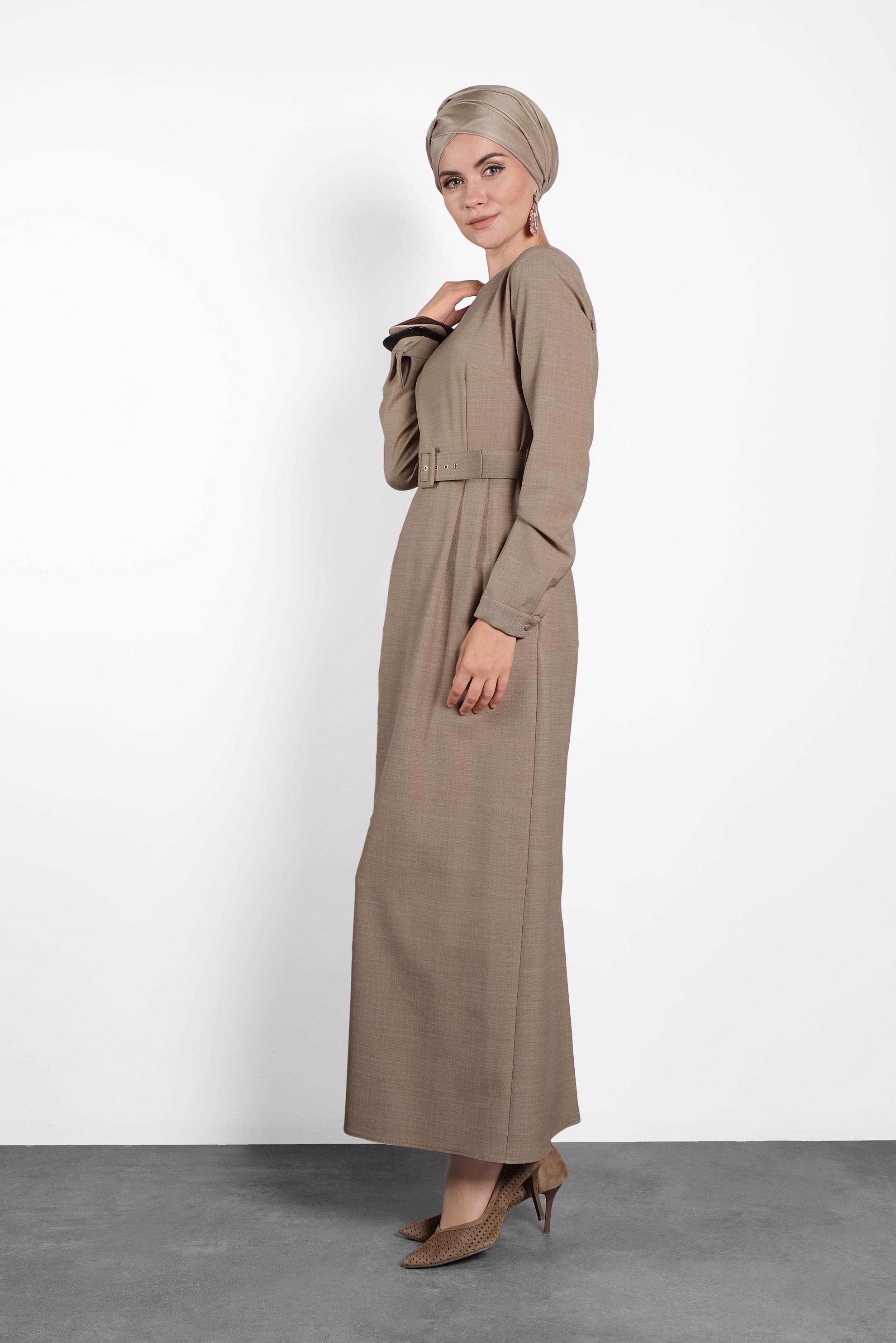 Tesettür giyim KAHVE KEMERLİ ELBİSE 40136 