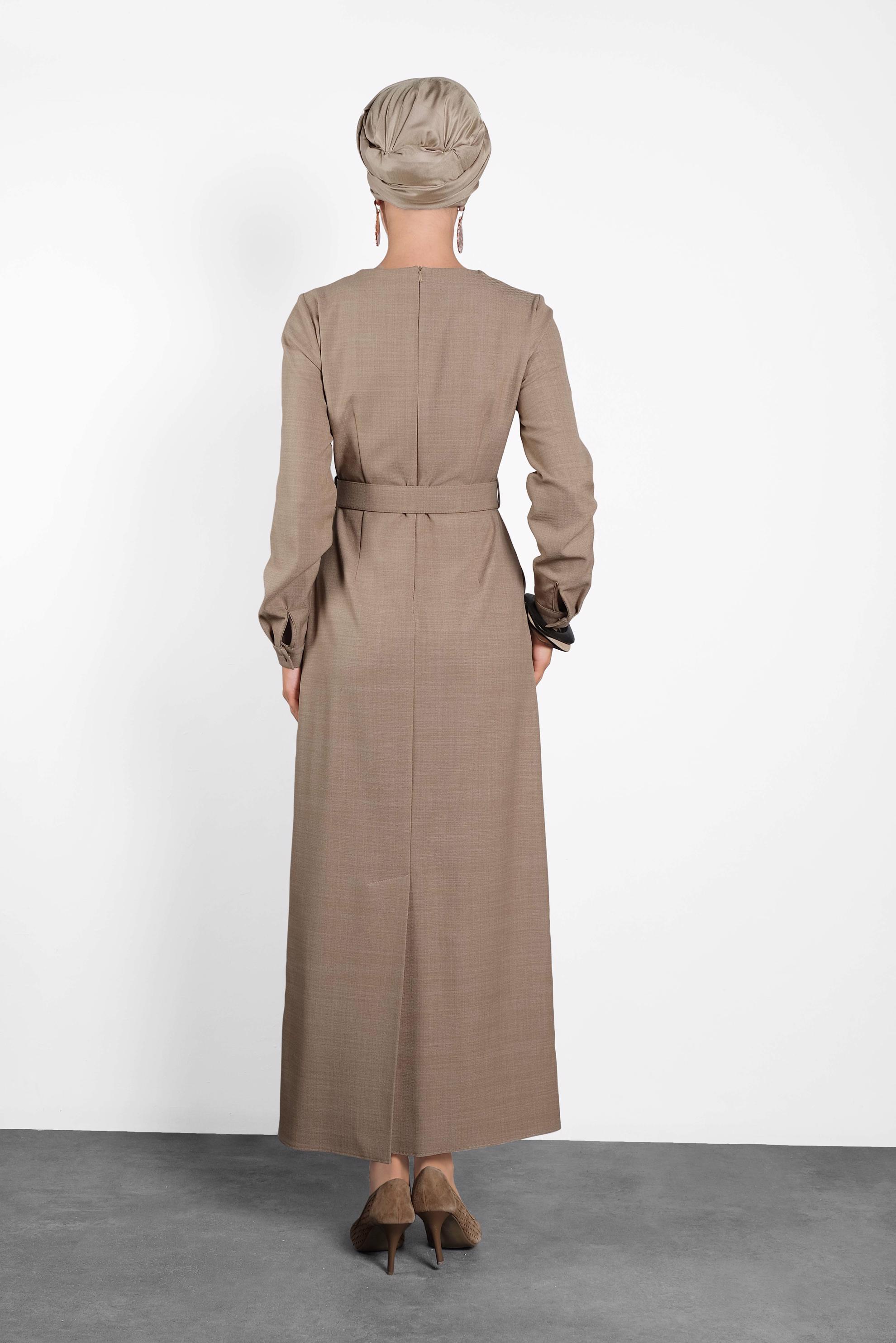 Tesettür giyim KAHVE KEMERLİ ELBİSE 40136 