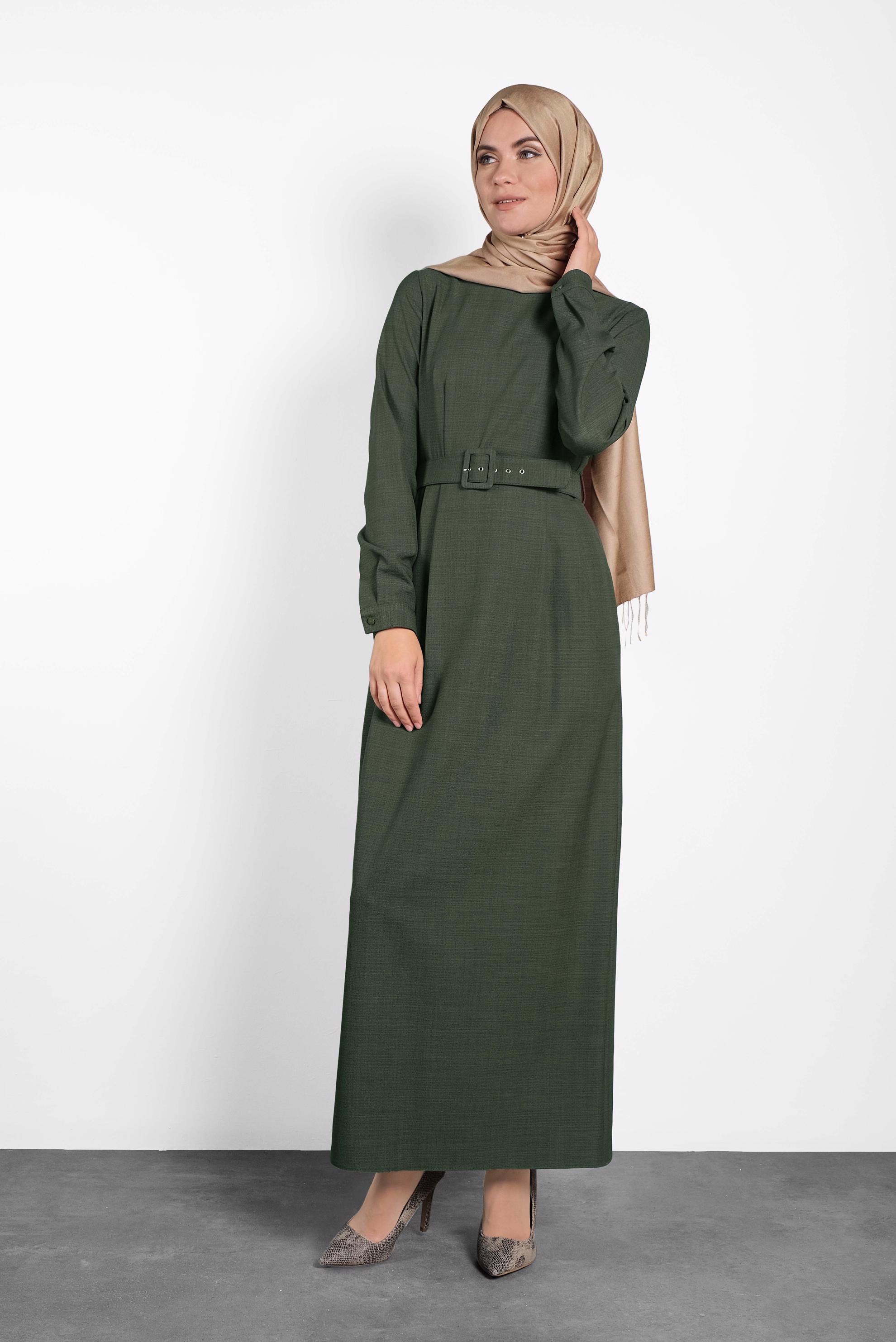 Tesettür giyim HAKİ KEMERLİ ELBİSE 40136 