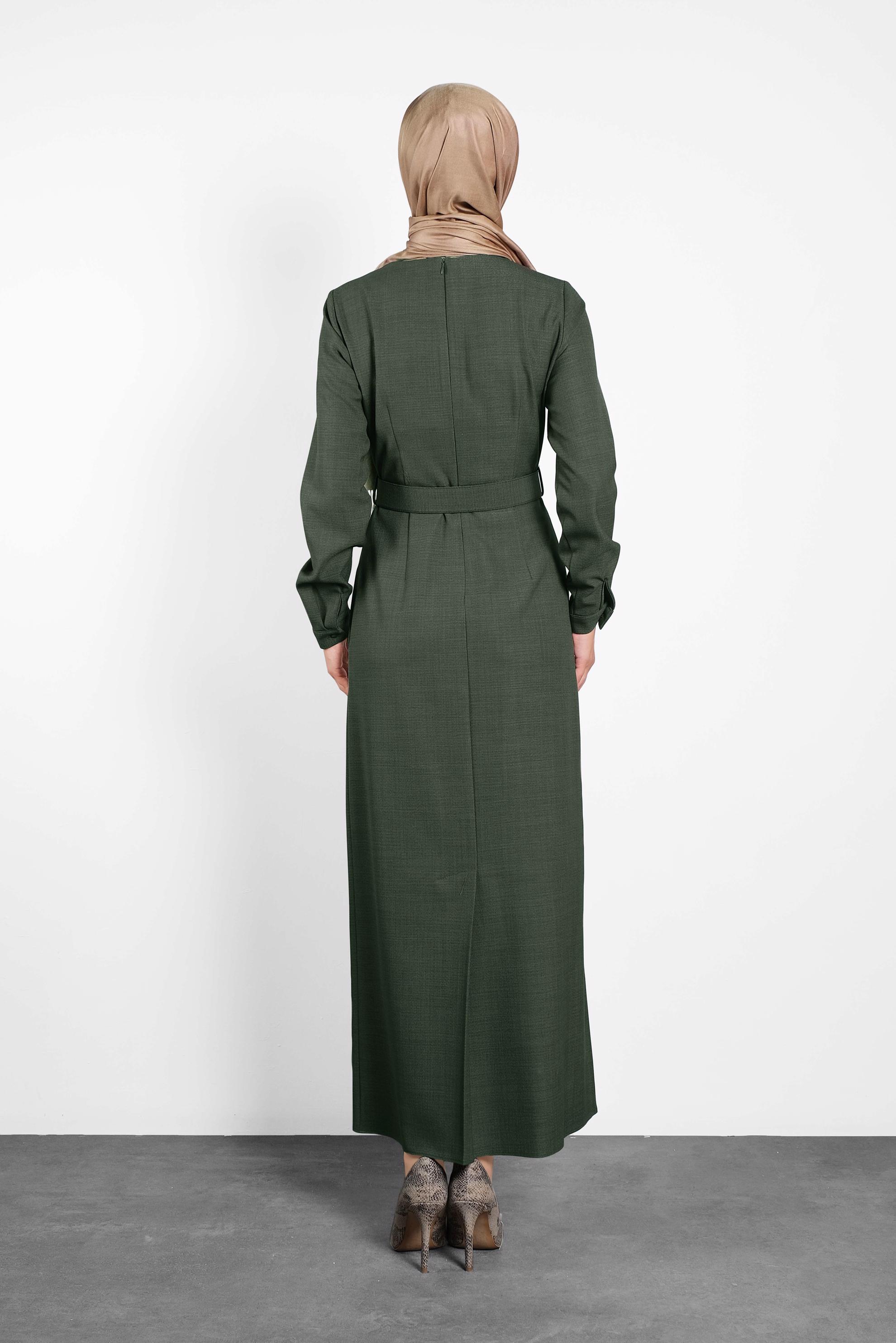 Tesettür giyim HAKİ KEMERLİ ELBİSE 40136 