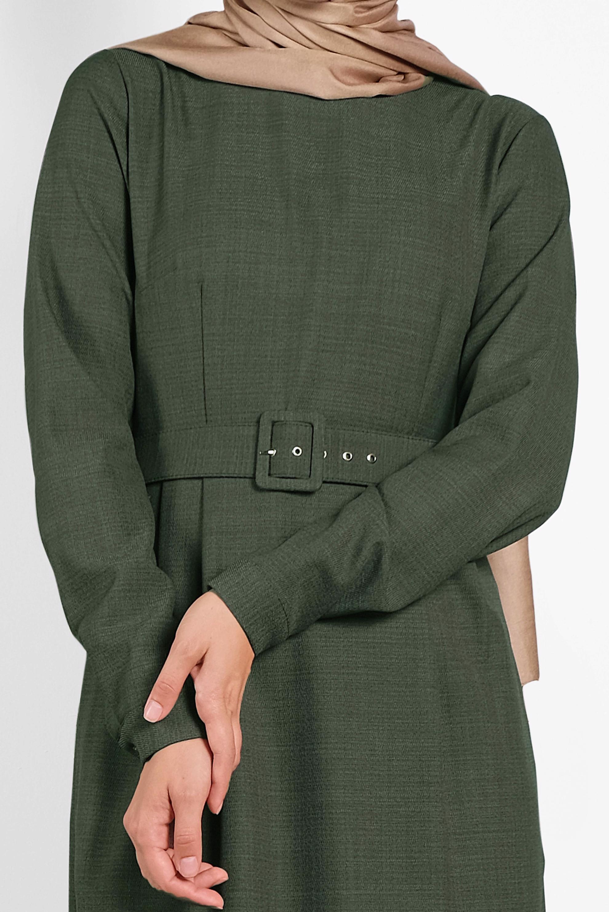 Tesettür giyim HAKİ KEMERLİ ELBİSE 40136 