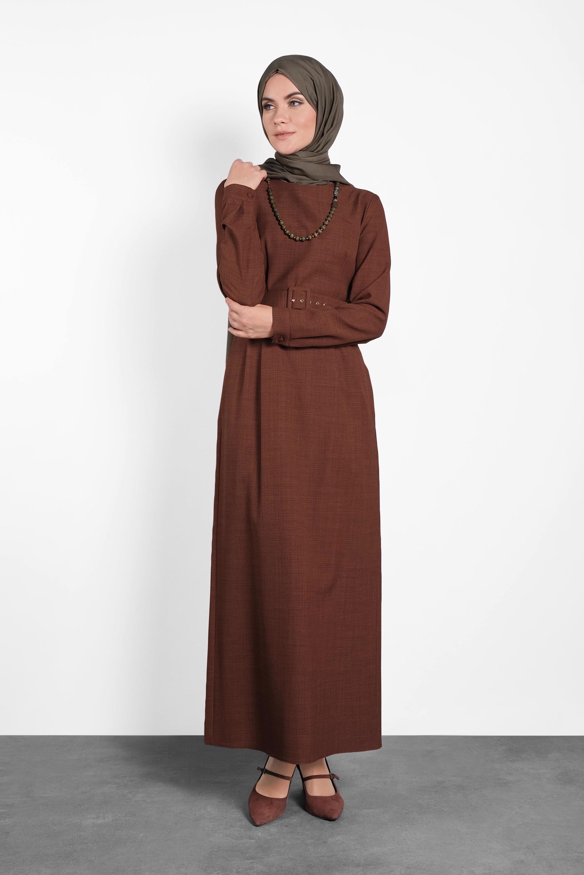 Tesettür giyim TURUNCU KEMERLİ ELBİSE 40136 