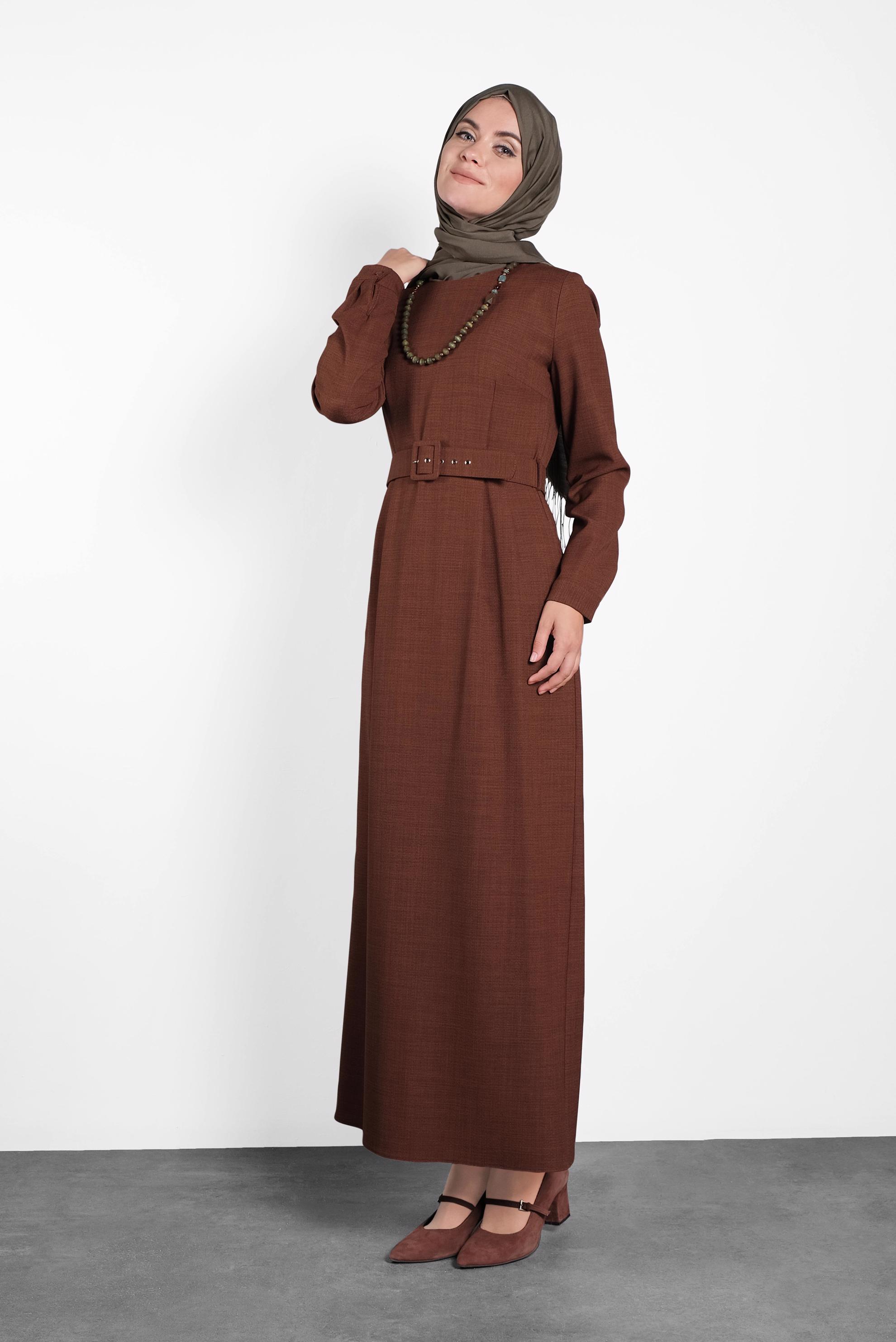 Tesettür giyim TURUNCU KEMERLİ ELBİSE 40136 