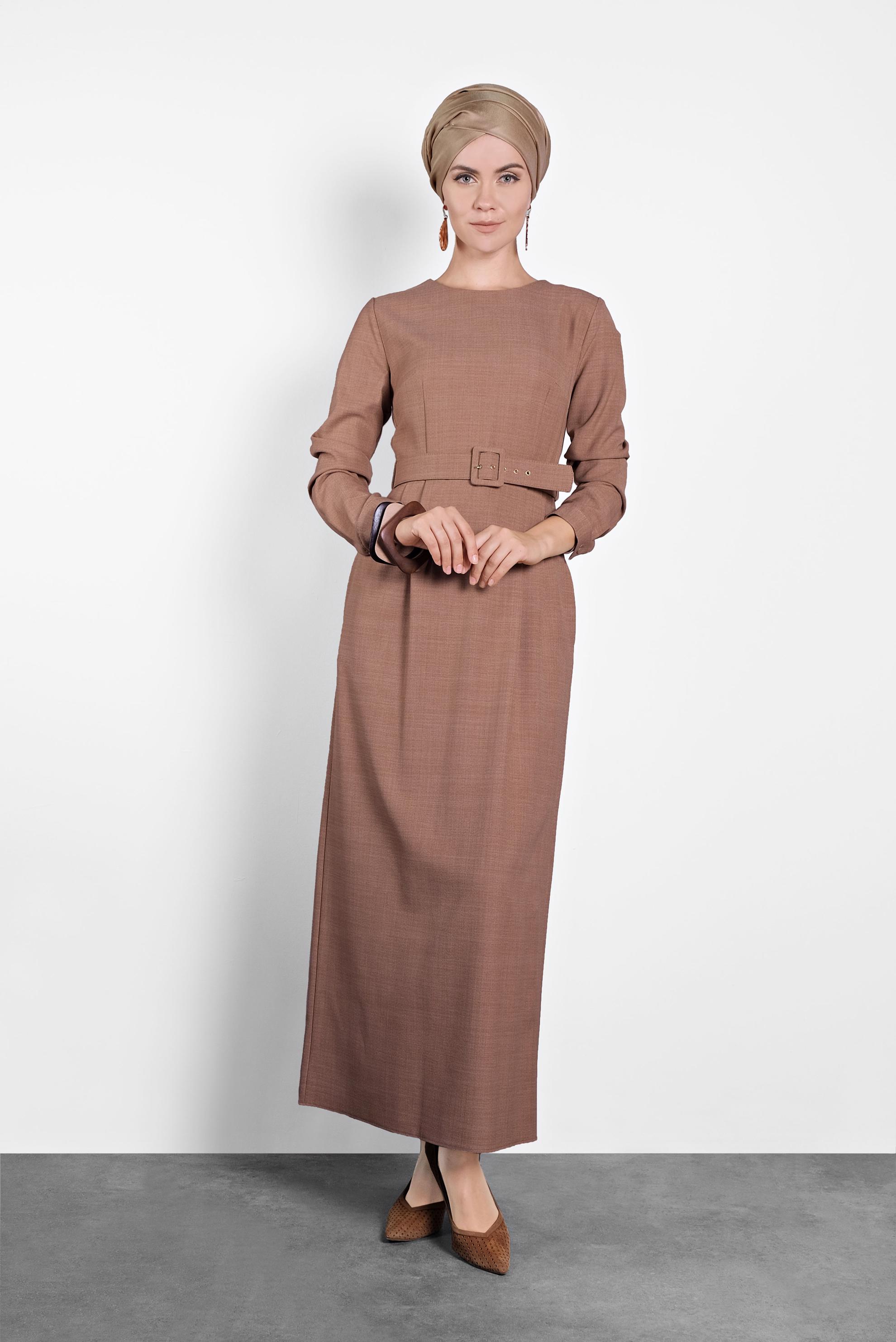 Tesettür giyim TABA KEMERLİ ELBİSE 40136 