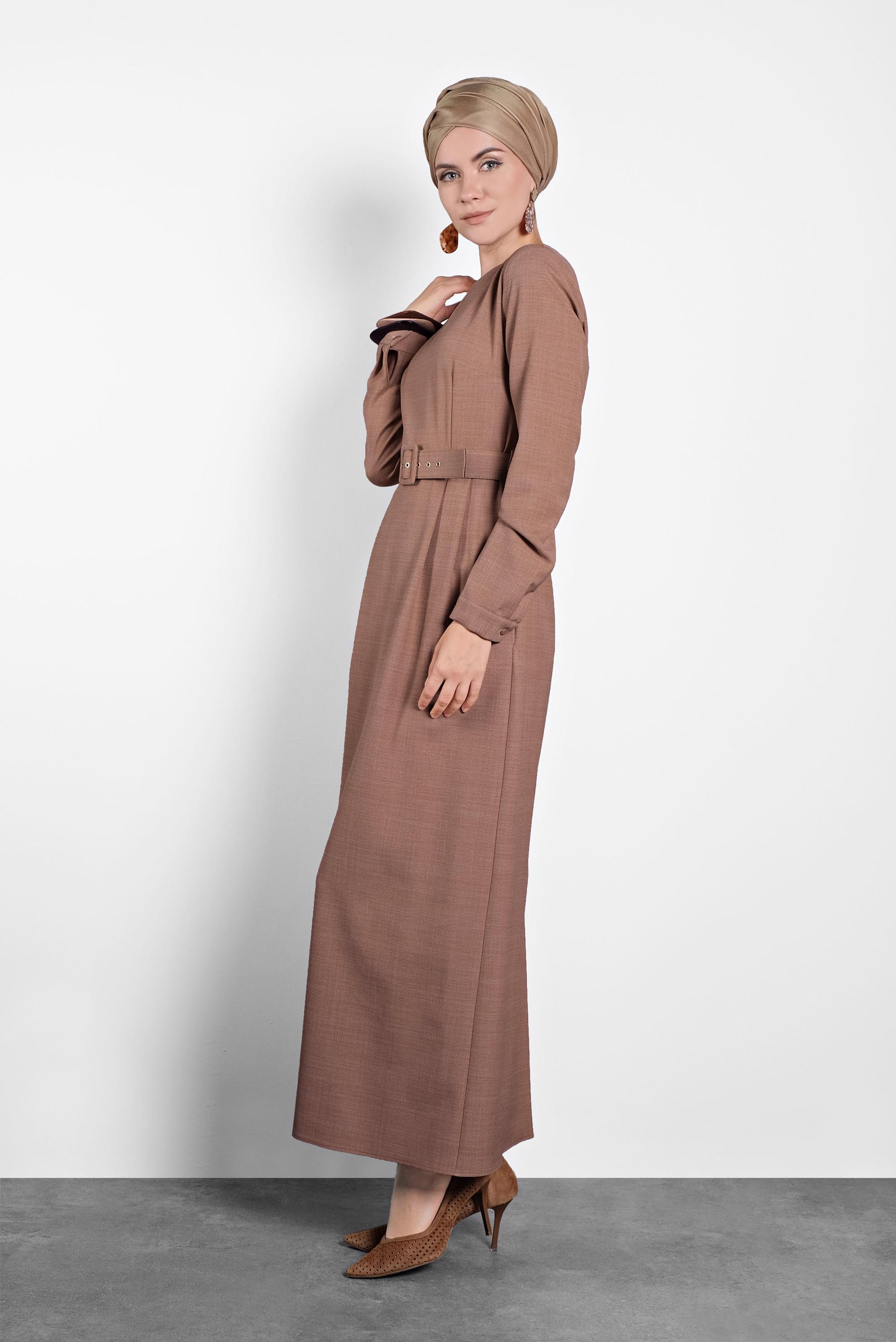 Tesettür giyim TABA KEMERLİ ELBİSE 40136 