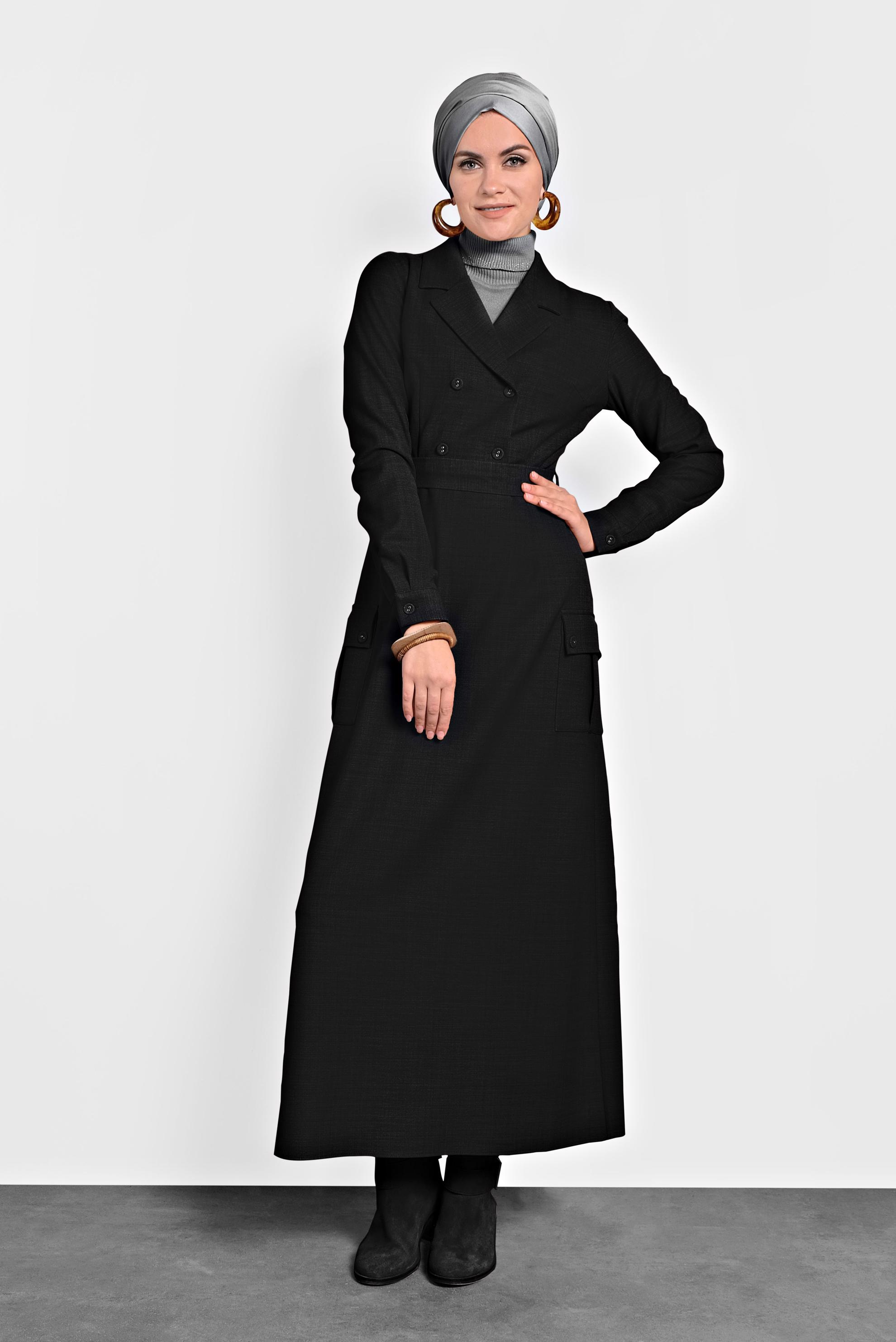 Tesettür giyim SİYAH CEPLİ KRUVAZE YAKA ELBİSE 40176 