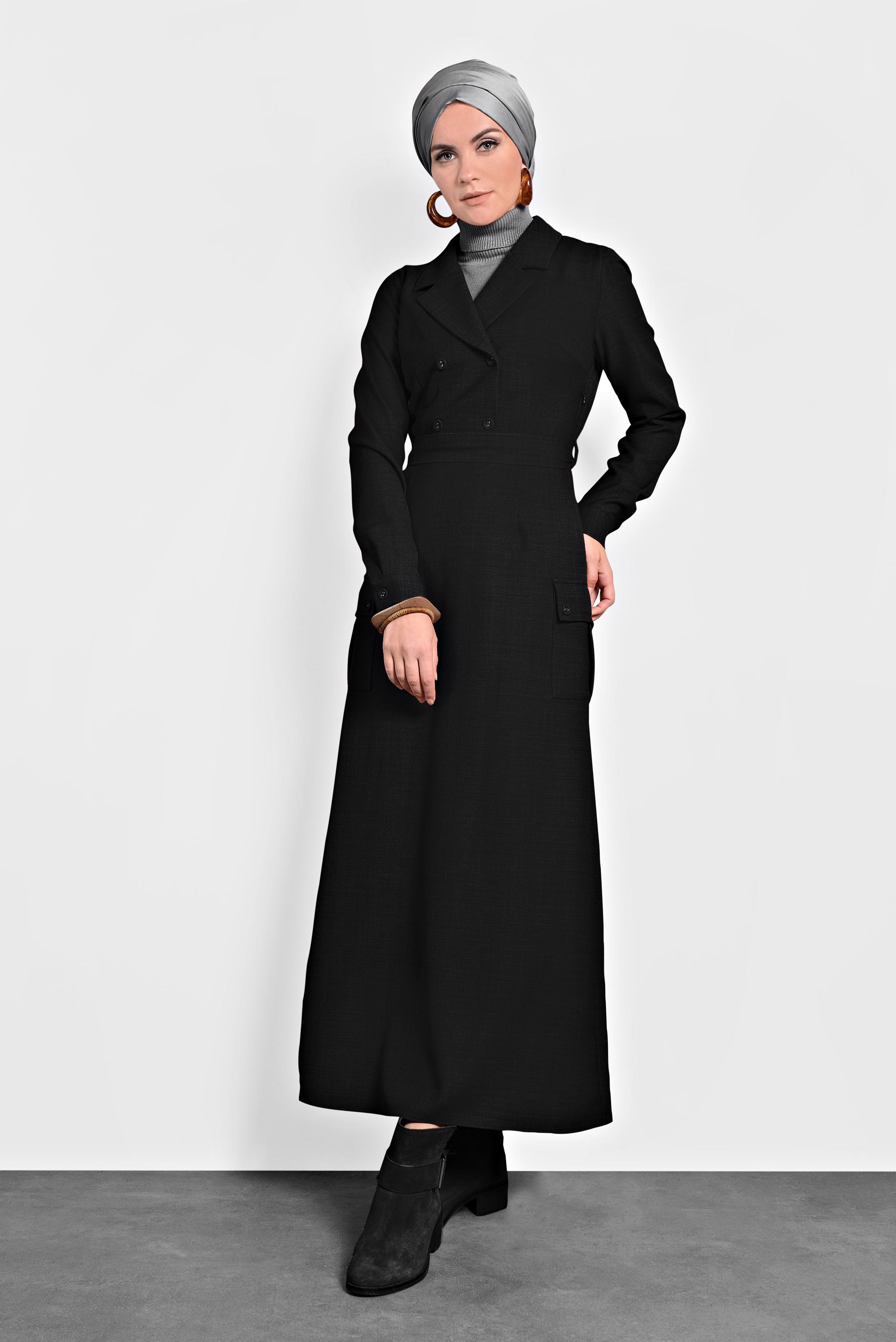 Tesettür giyim SİYAH CEPLİ KRUVAZE YAKA ELBİSE 40176 