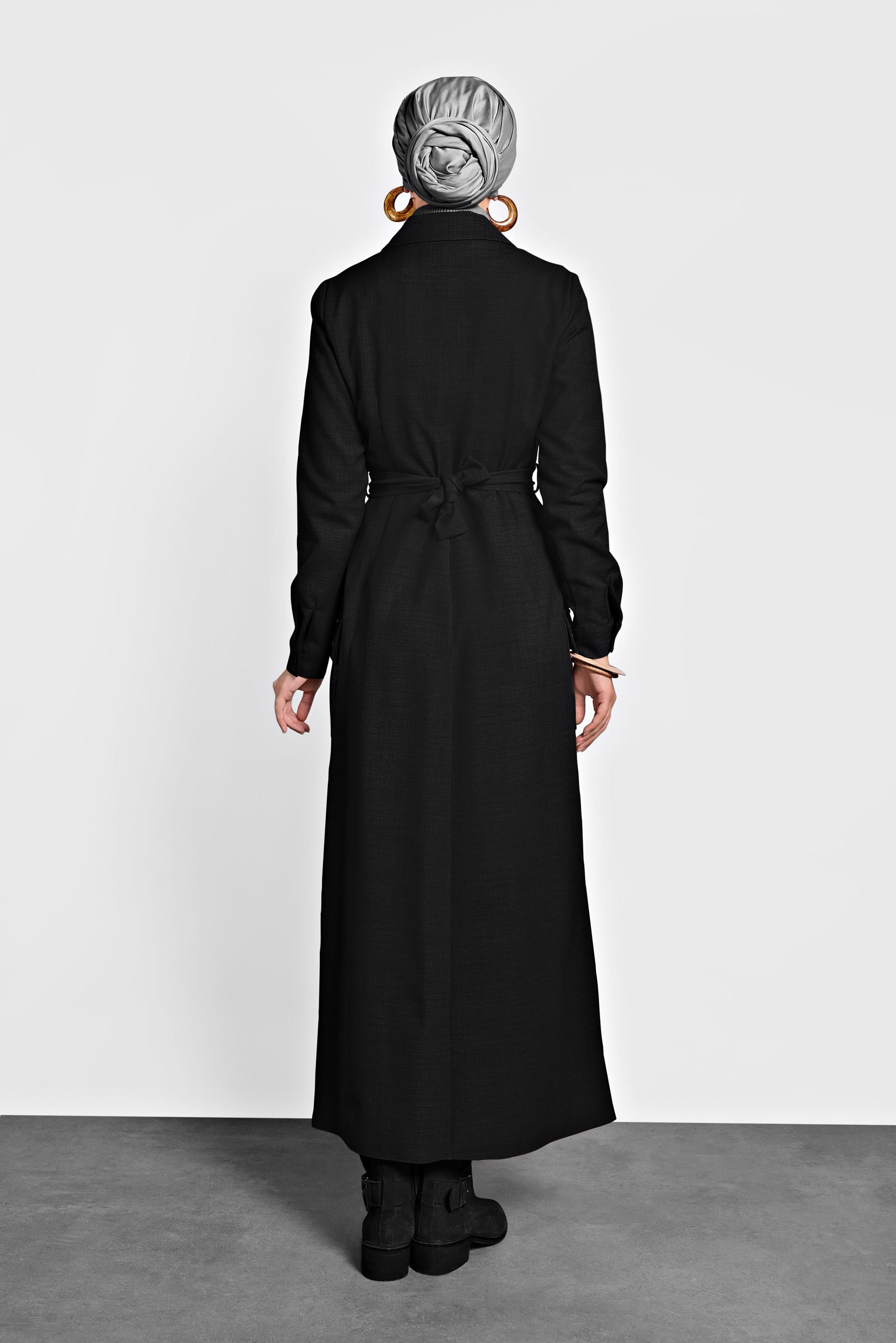 Tesettür giyim SİYAH CEPLİ KRUVAZE YAKA ELBİSE 40176 