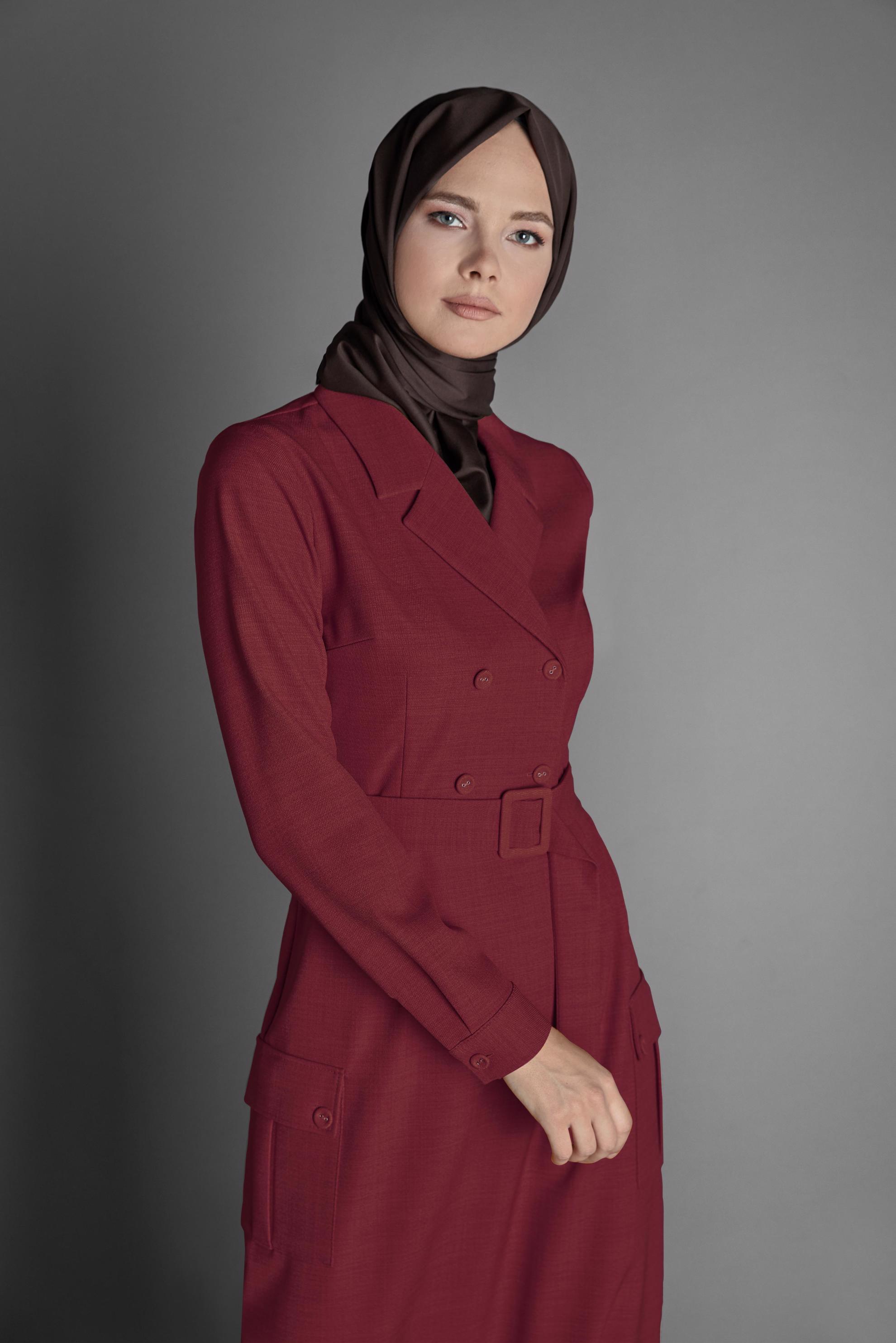 Tesettür giyim KIRMIZI CEPLİ KRUVAZE YAKA ELBİSE 40176 