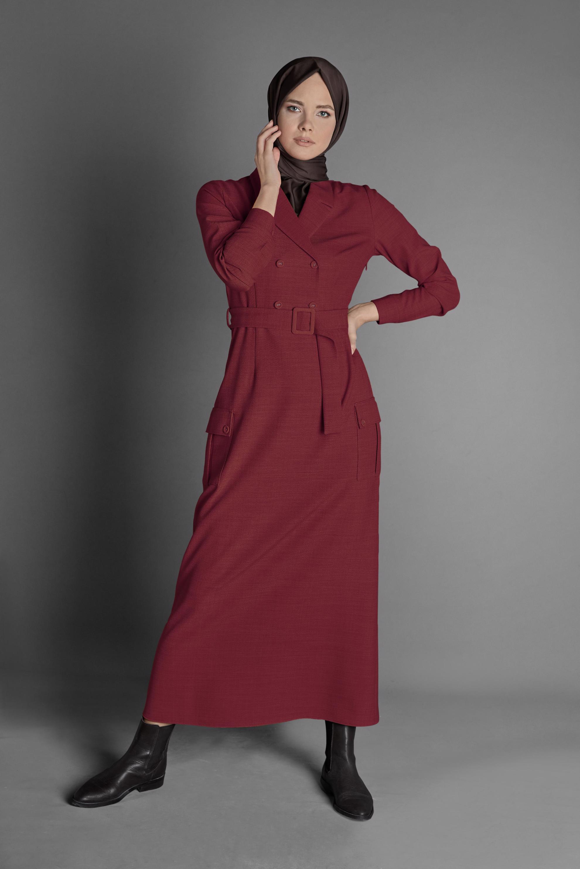 Tesettür giyim KIRMIZI CEPLİ KRUVAZE YAKA ELBİSE 40176 