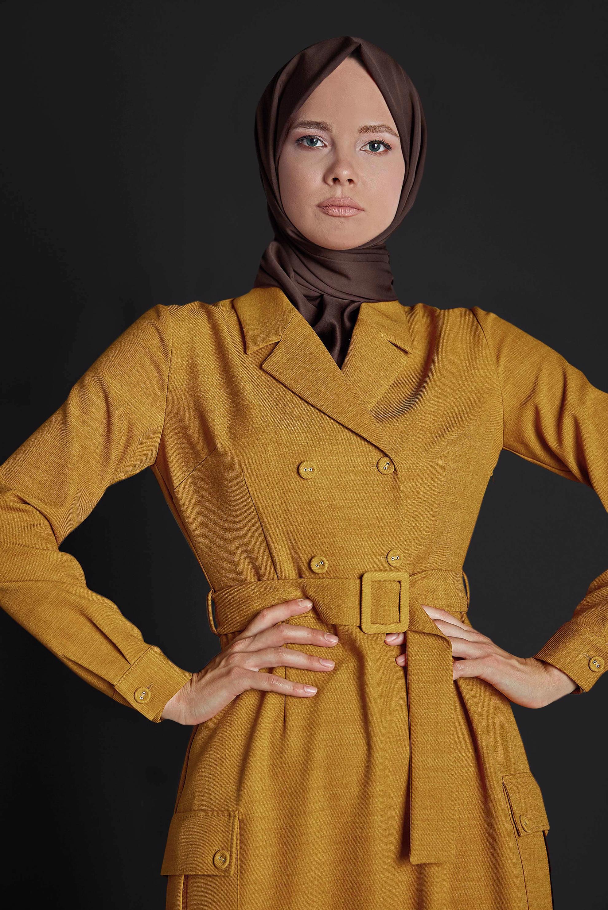 Tesettür giyim SARI CEPLİ KRUVAZE YAKA ELBİSE 40176 