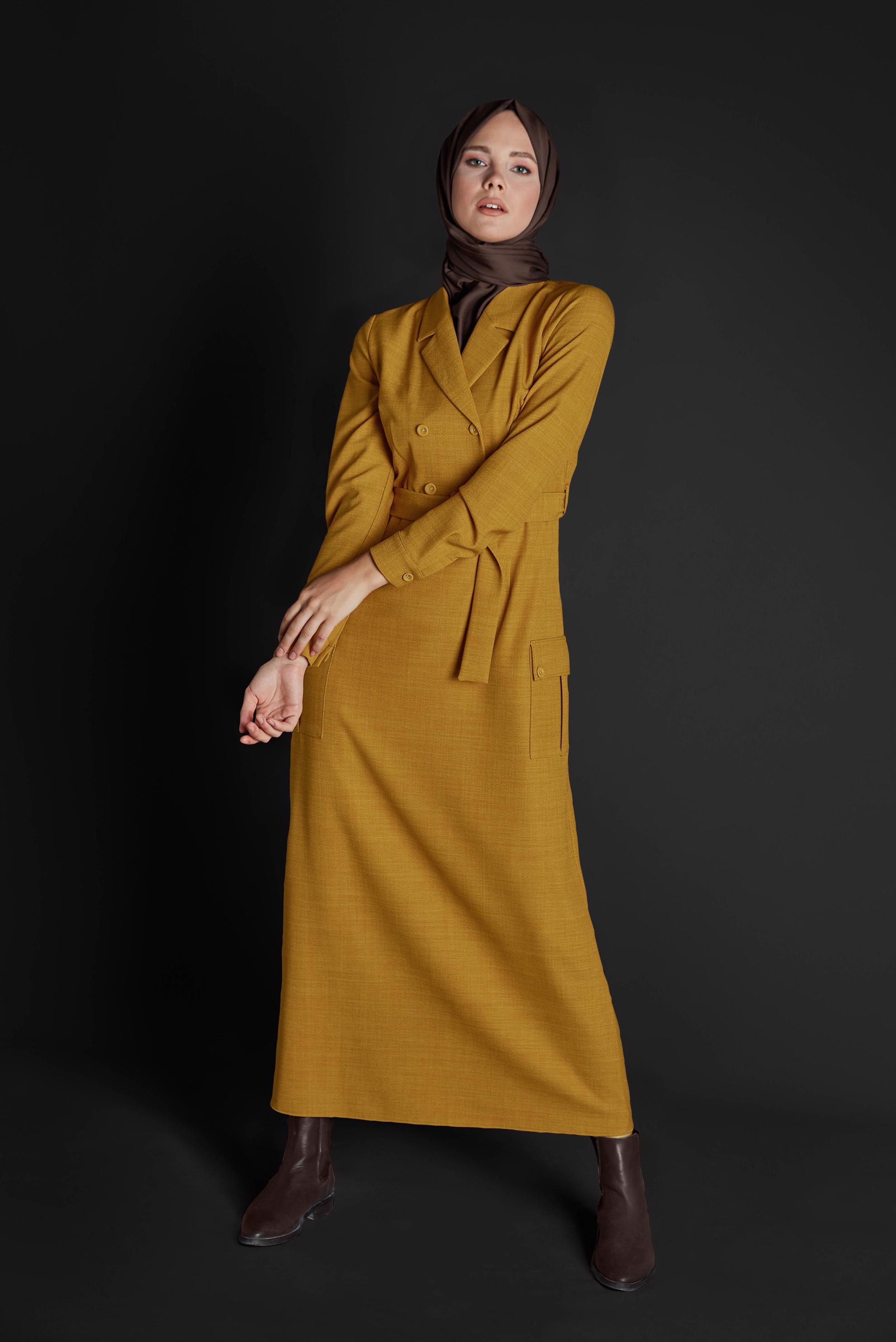Tesettür giyim SARI CEPLİ KRUVAZE YAKA ELBİSE 40176 