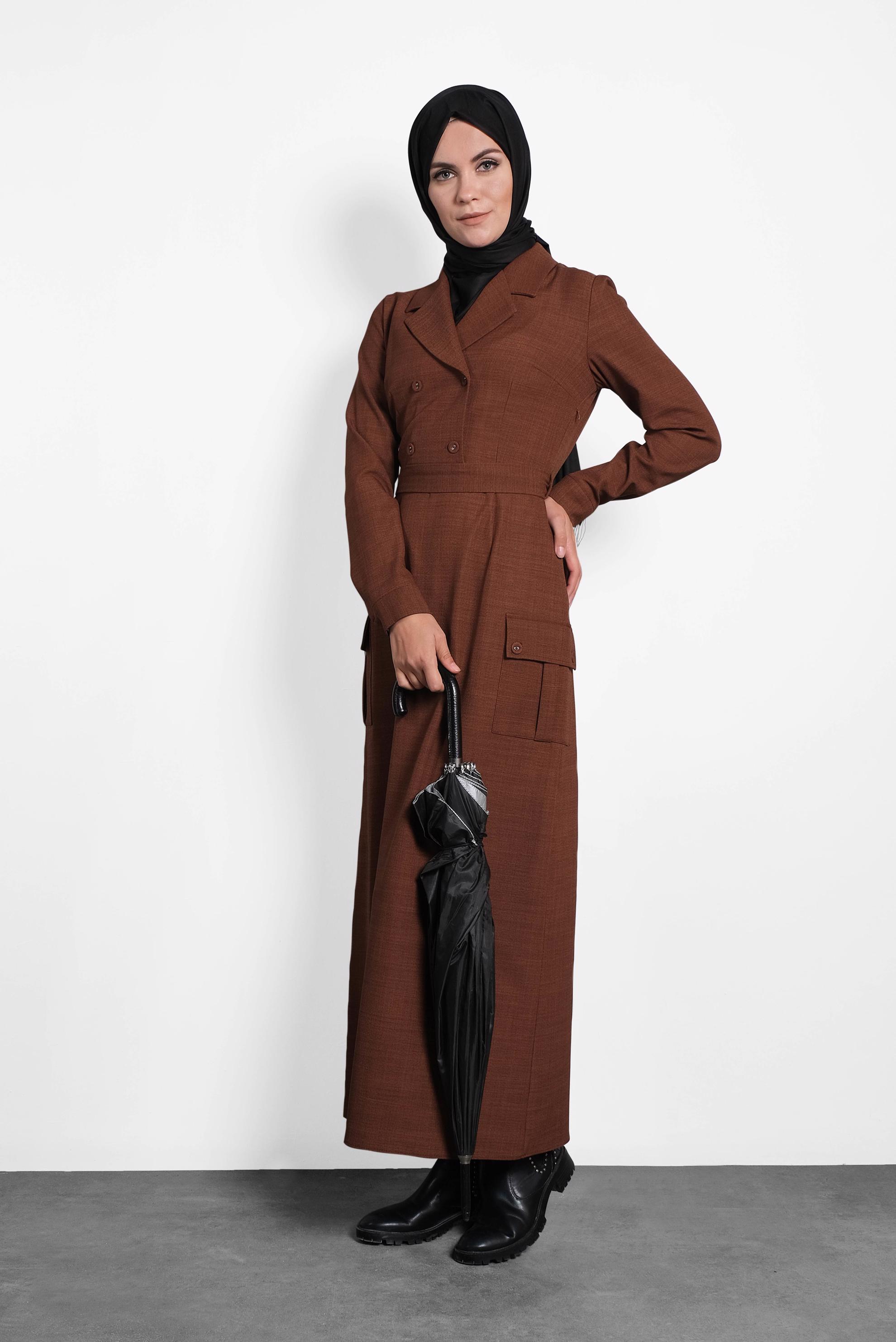 Tesettür giyim TURUNCU CEPLİ KRUVAZE YAKA ELBİSE 40176 