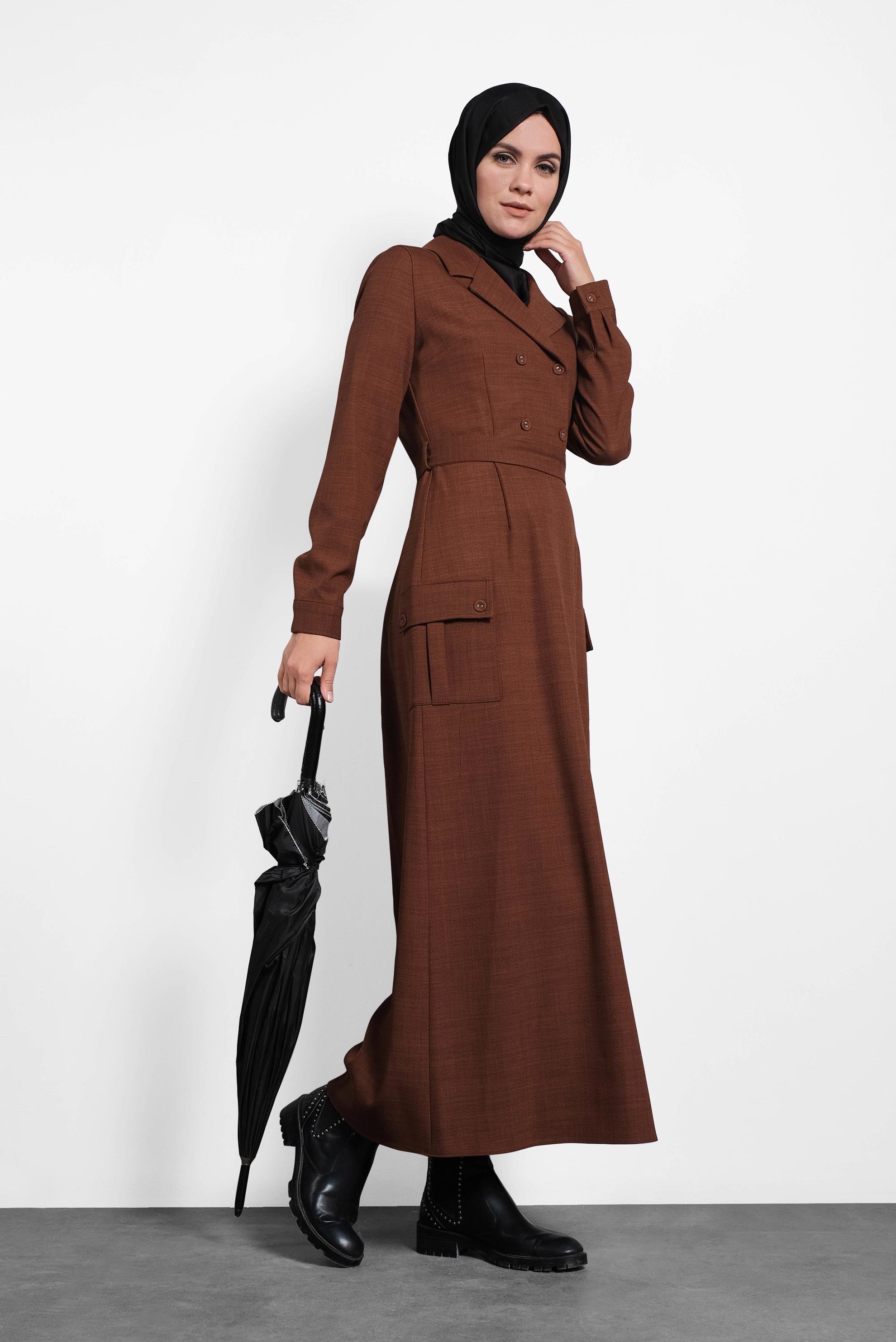 Tesettür giyim TURUNCU CEPLİ KRUVAZE YAKA ELBİSE 40176 