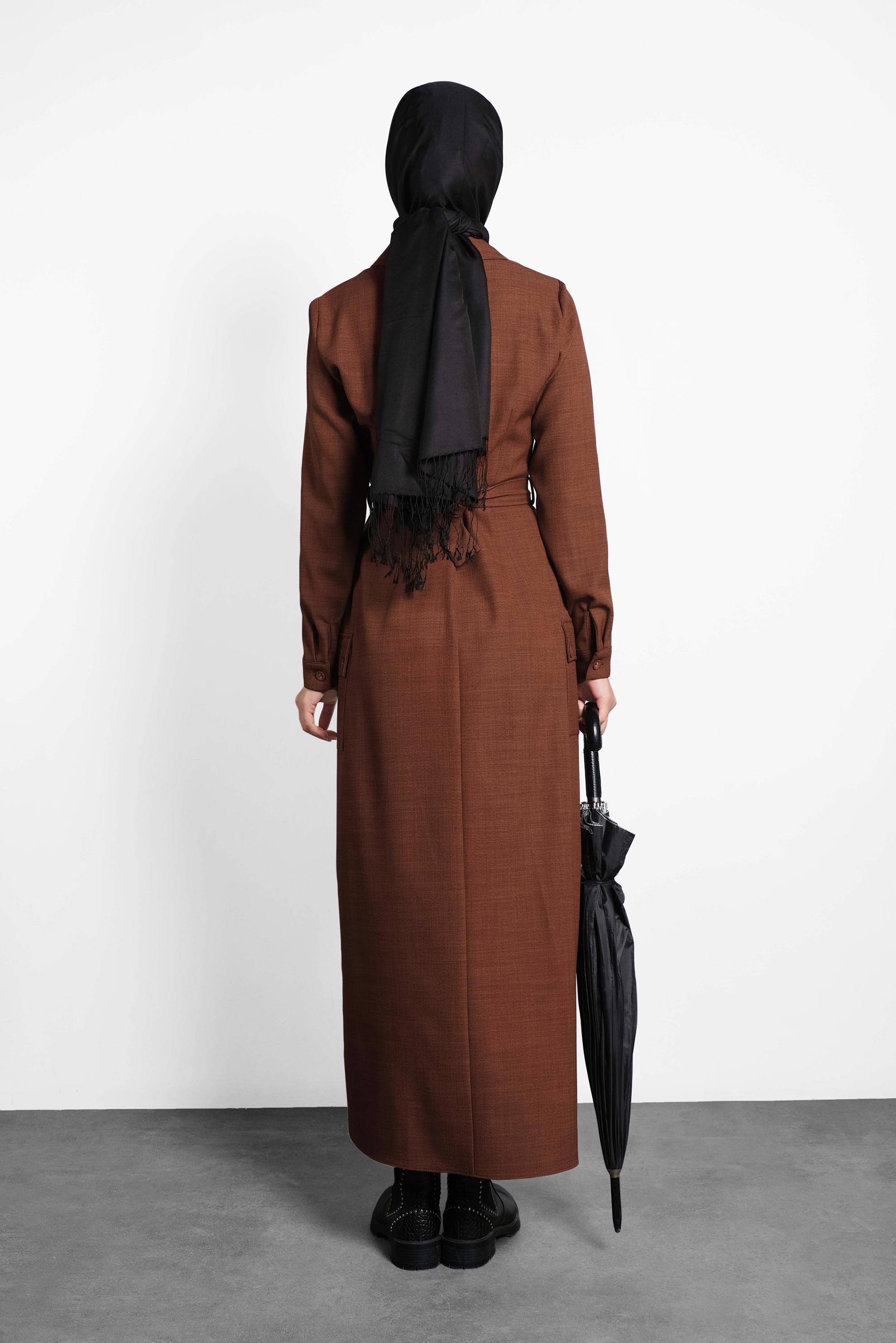 Tesettür giyim TURUNCU CEPLİ KRUVAZE YAKA ELBİSE 40176 