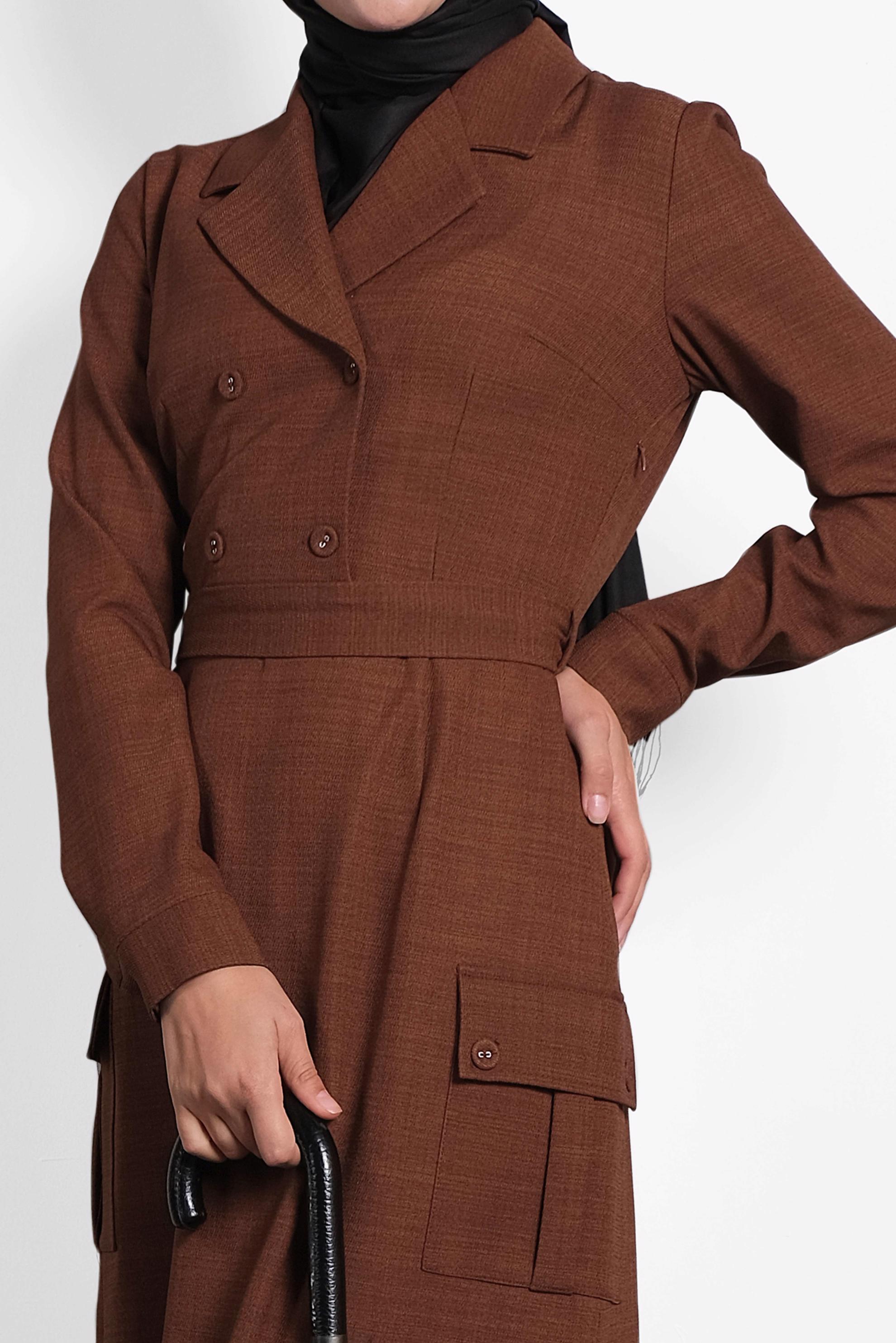 Tesettür giyim TURUNCU CEPLİ KRUVAZE YAKA ELBİSE 40176 