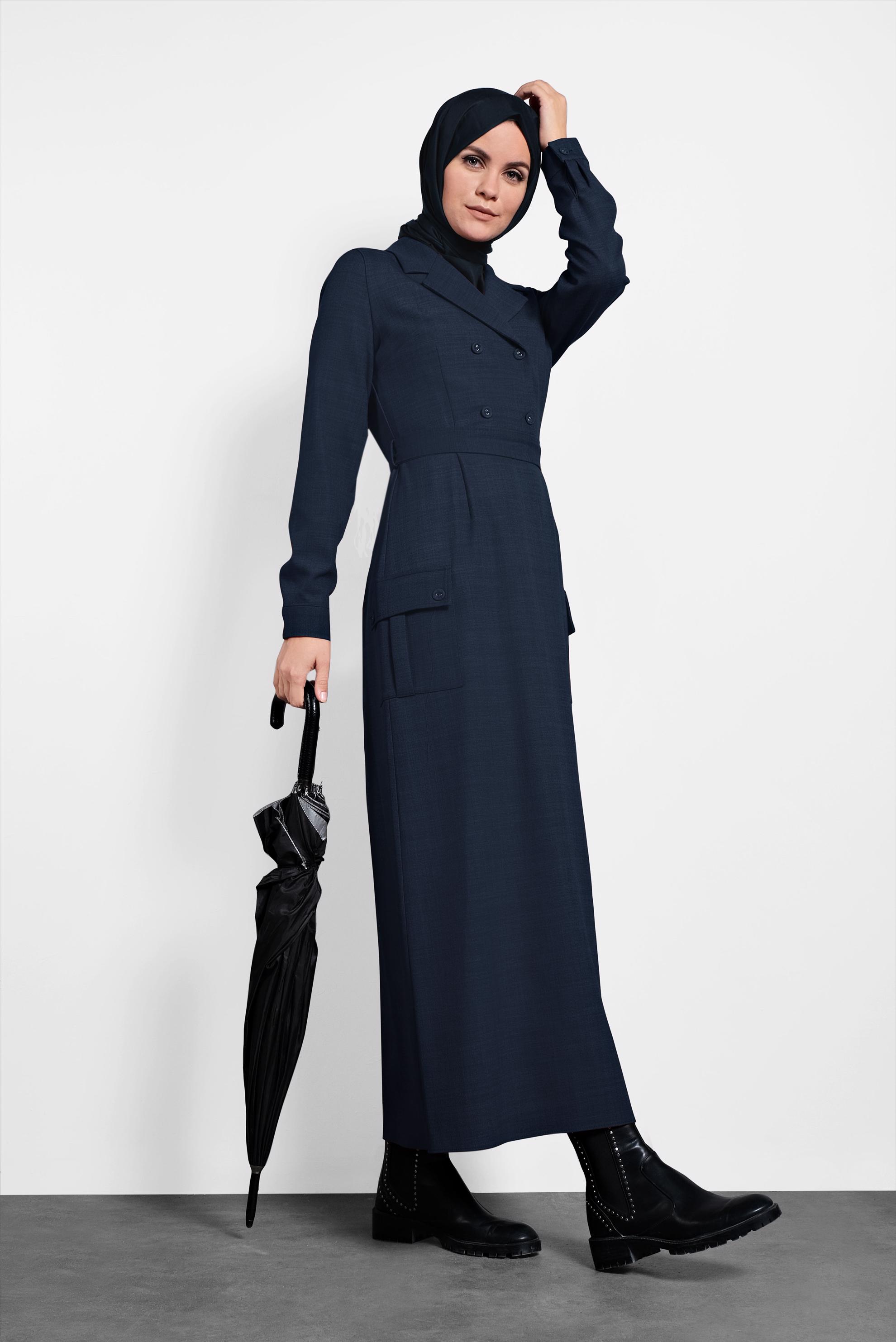 Tesettür giyim LACİVERT CEPLİ KRUVAZE YAKA ELBİSE 40176 