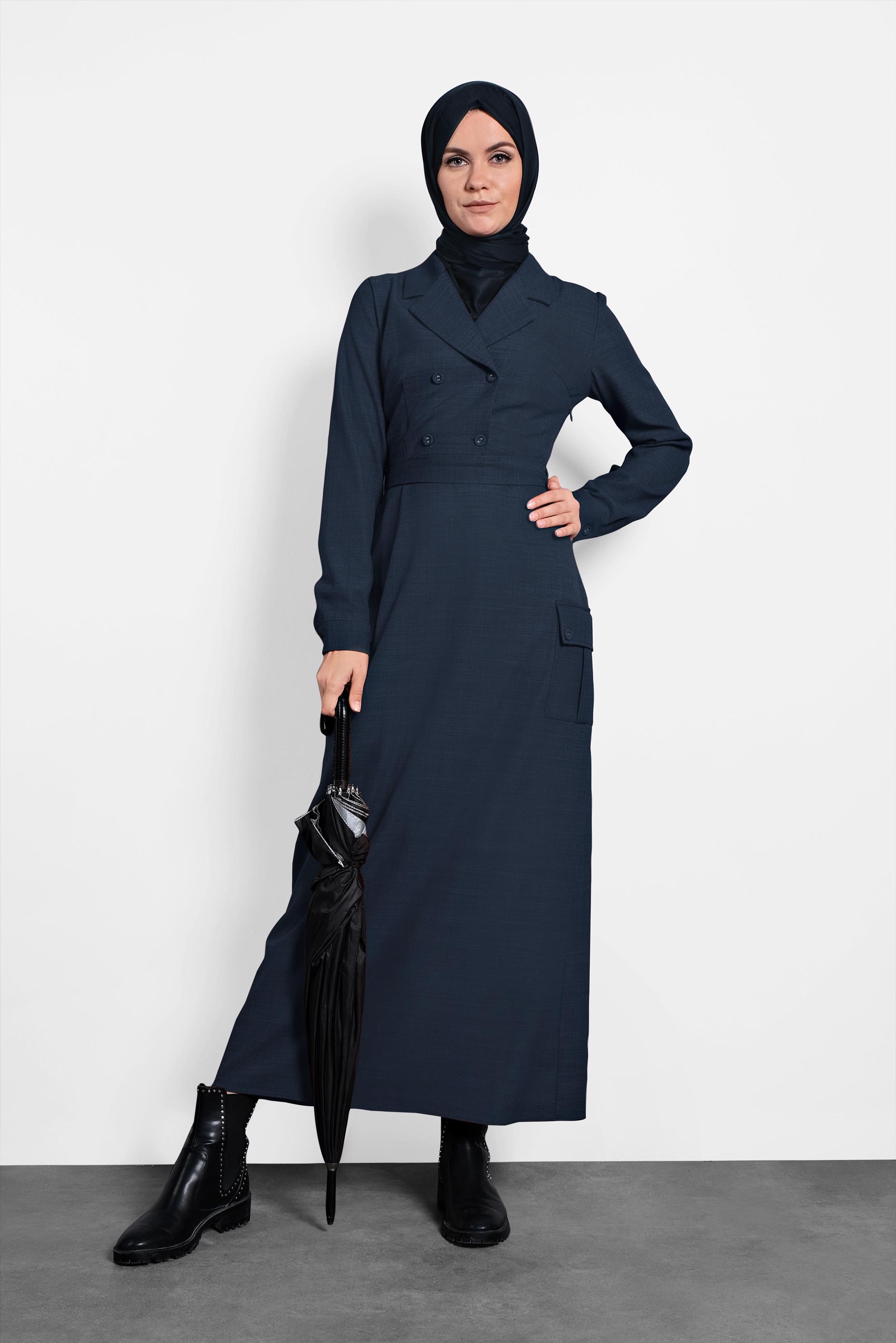 Tesettür giyim LACİVERT CEPLİ KRUVAZE YAKA ELBİSE 40176 
