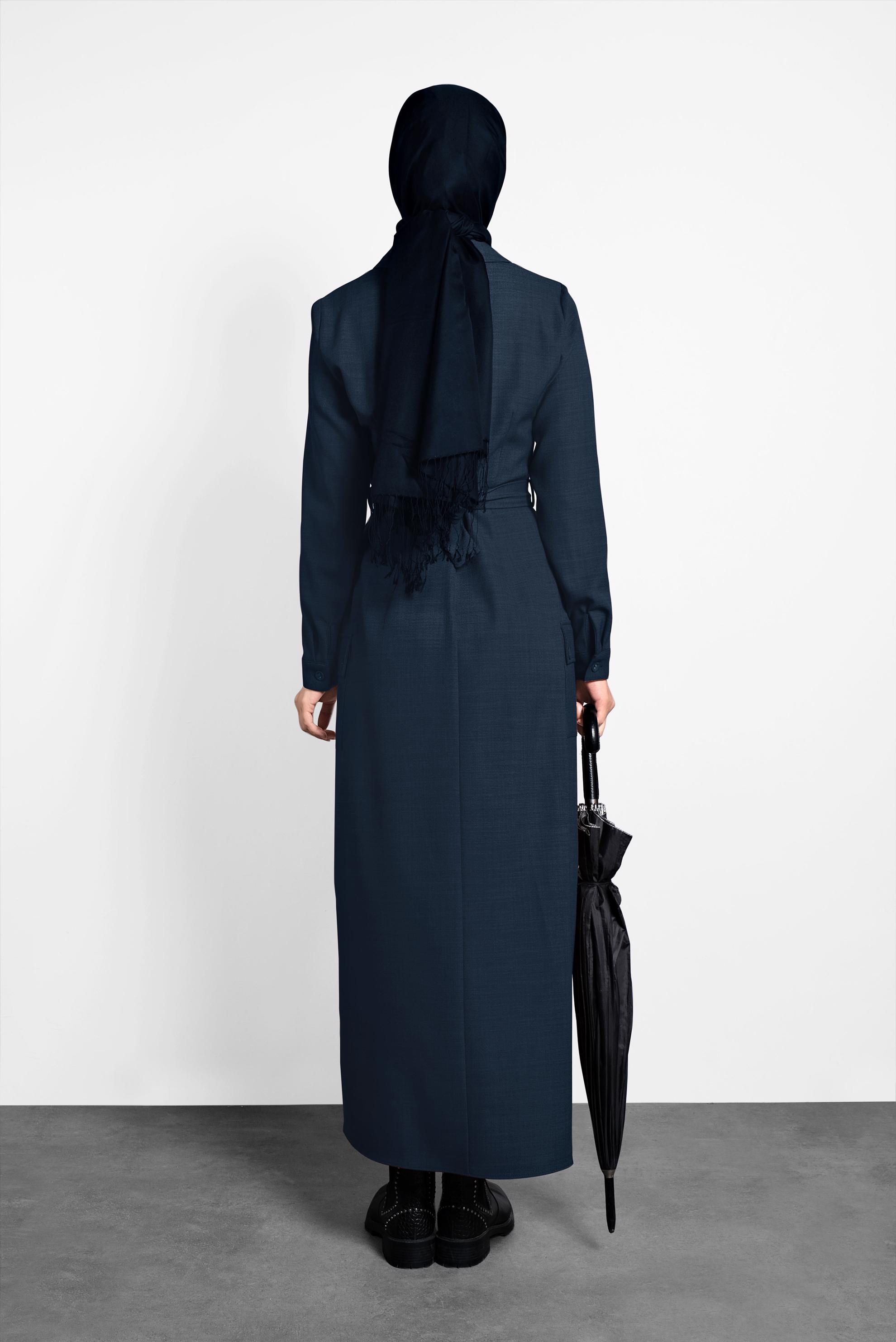 Tesettür giyim LACİVERT CEPLİ KRUVAZE YAKA ELBİSE 40176 