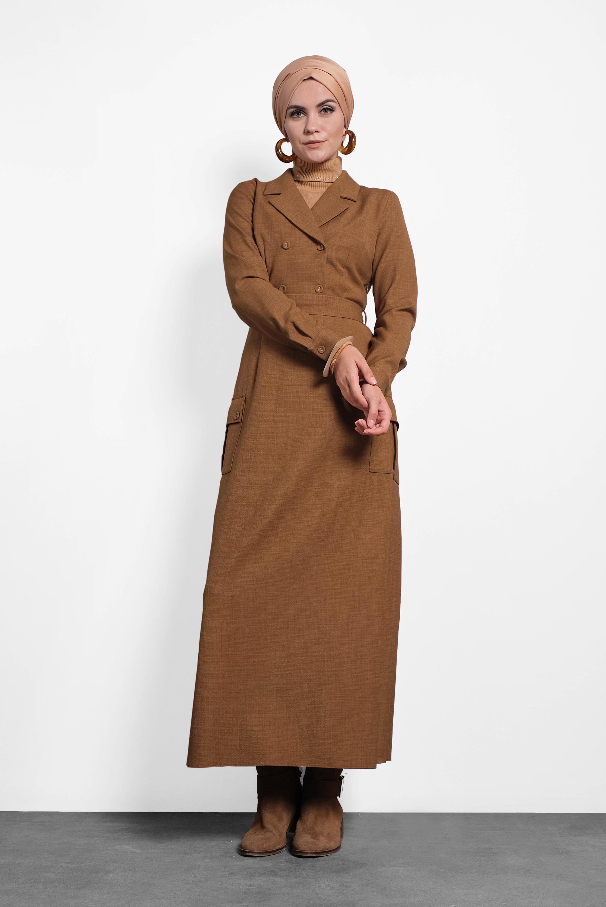 Tesettür giyim KAHVE CEPLİ KRUVAZE YAKA ELBİSE 40176 