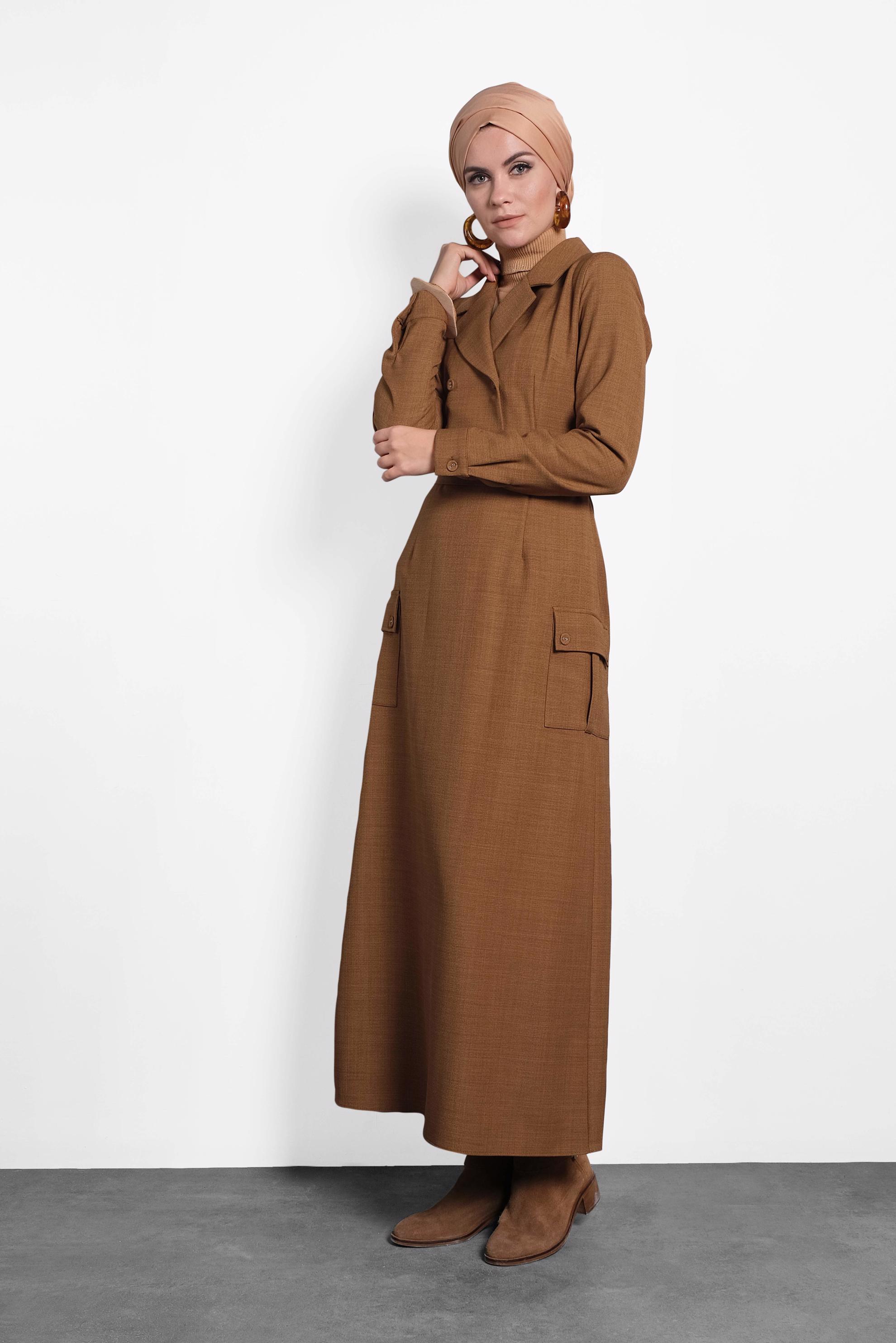 Tesettür giyim KAHVE CEPLİ KRUVAZE YAKA ELBİSE 40176 
