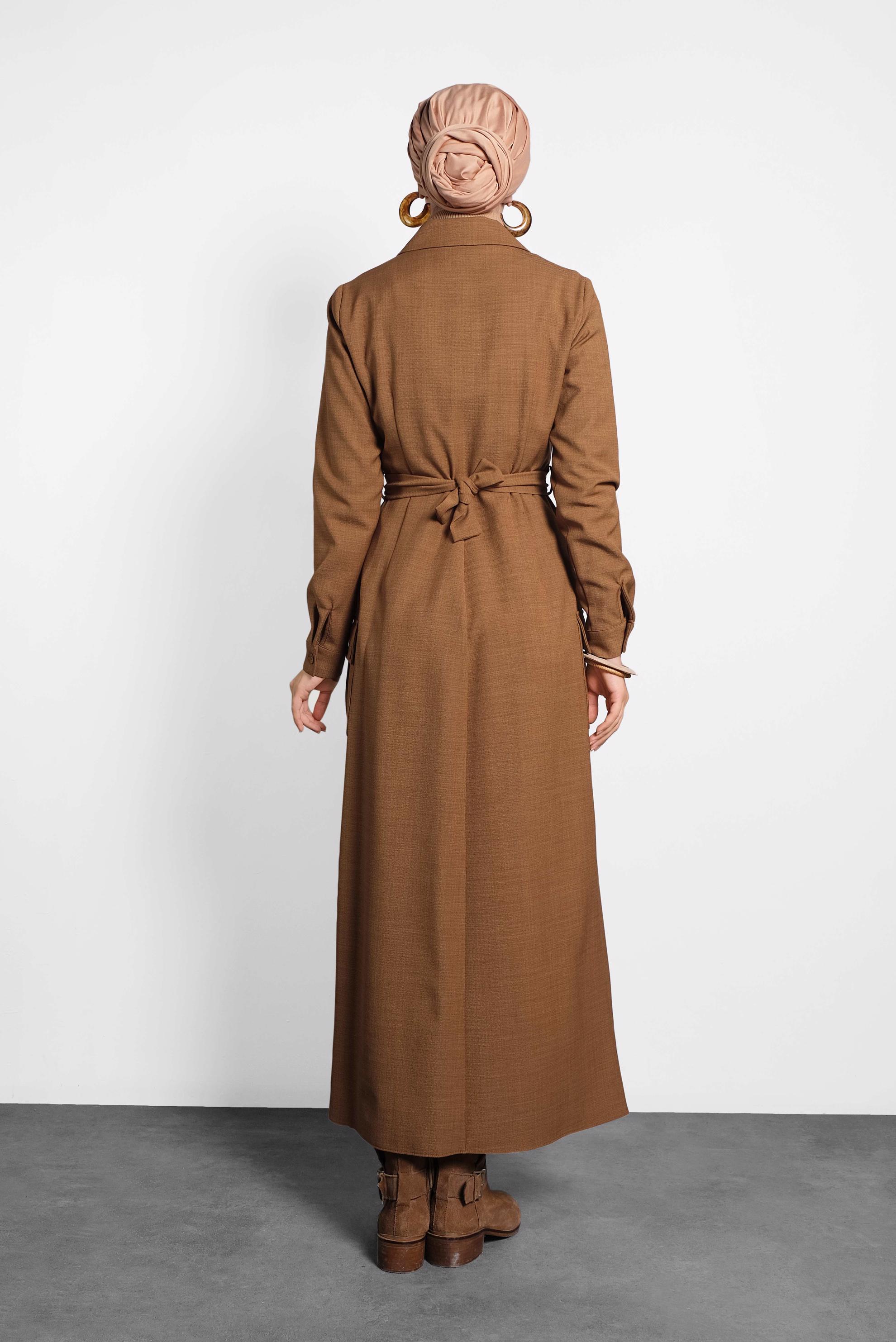 Tesettür giyim KAHVE CEPLİ KRUVAZE YAKA ELBİSE 40176 