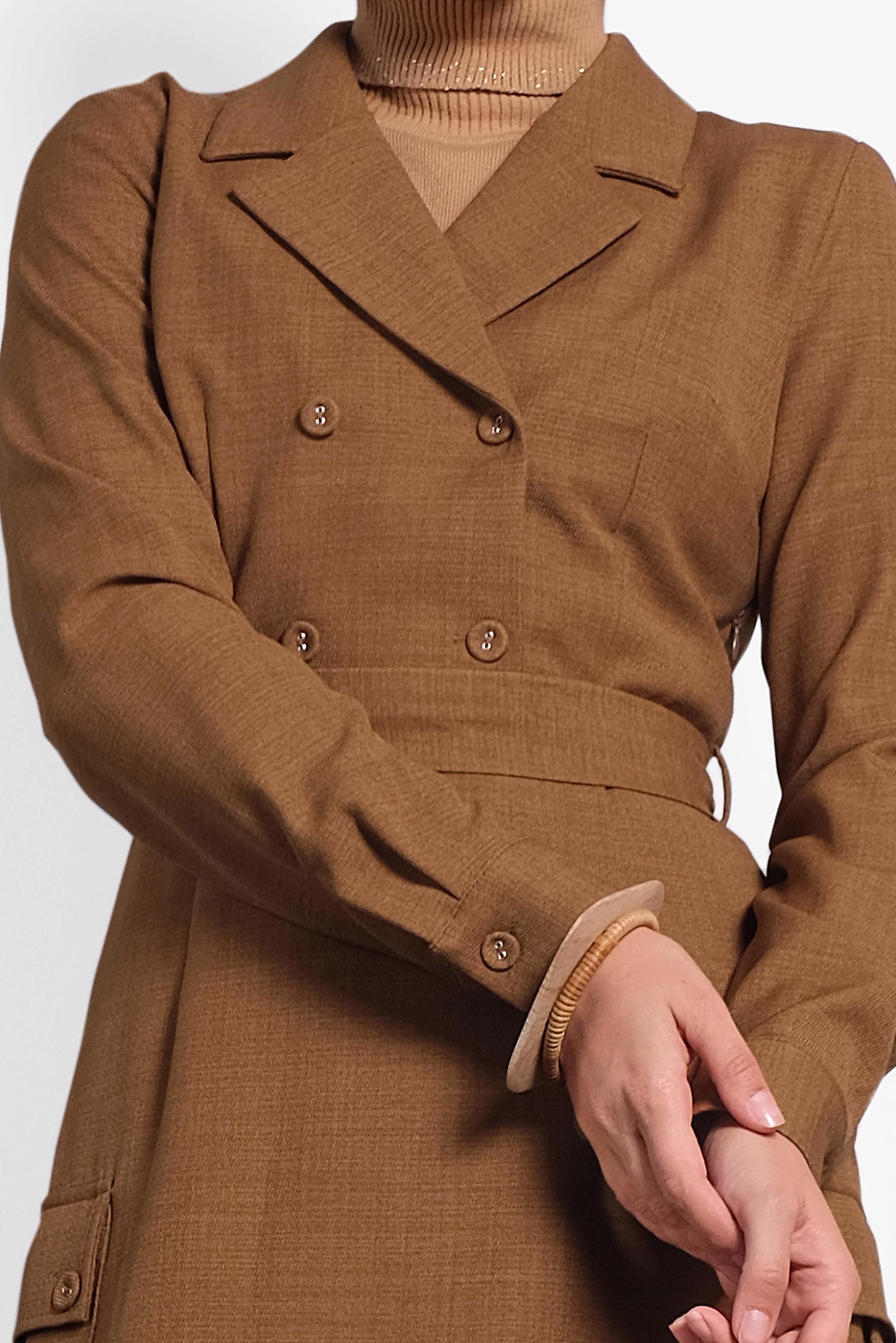 Tesettür giyim KAHVE CEPLİ KRUVAZE YAKA ELBİSE 40176 