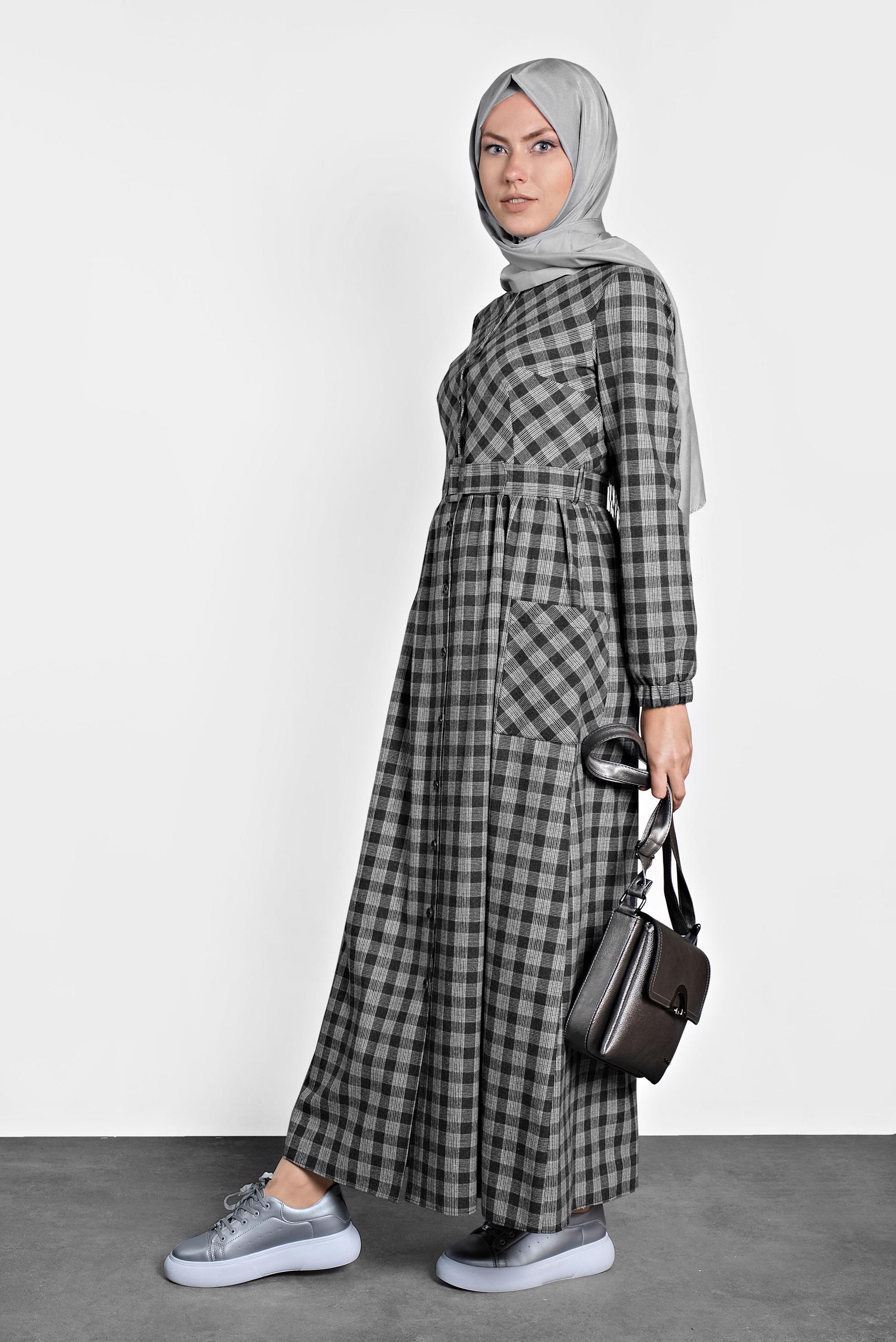 Tesettür giyim SİYAH PAMUKLU KEMERLİ EKOSE DESEN  ELBİSE 40177 