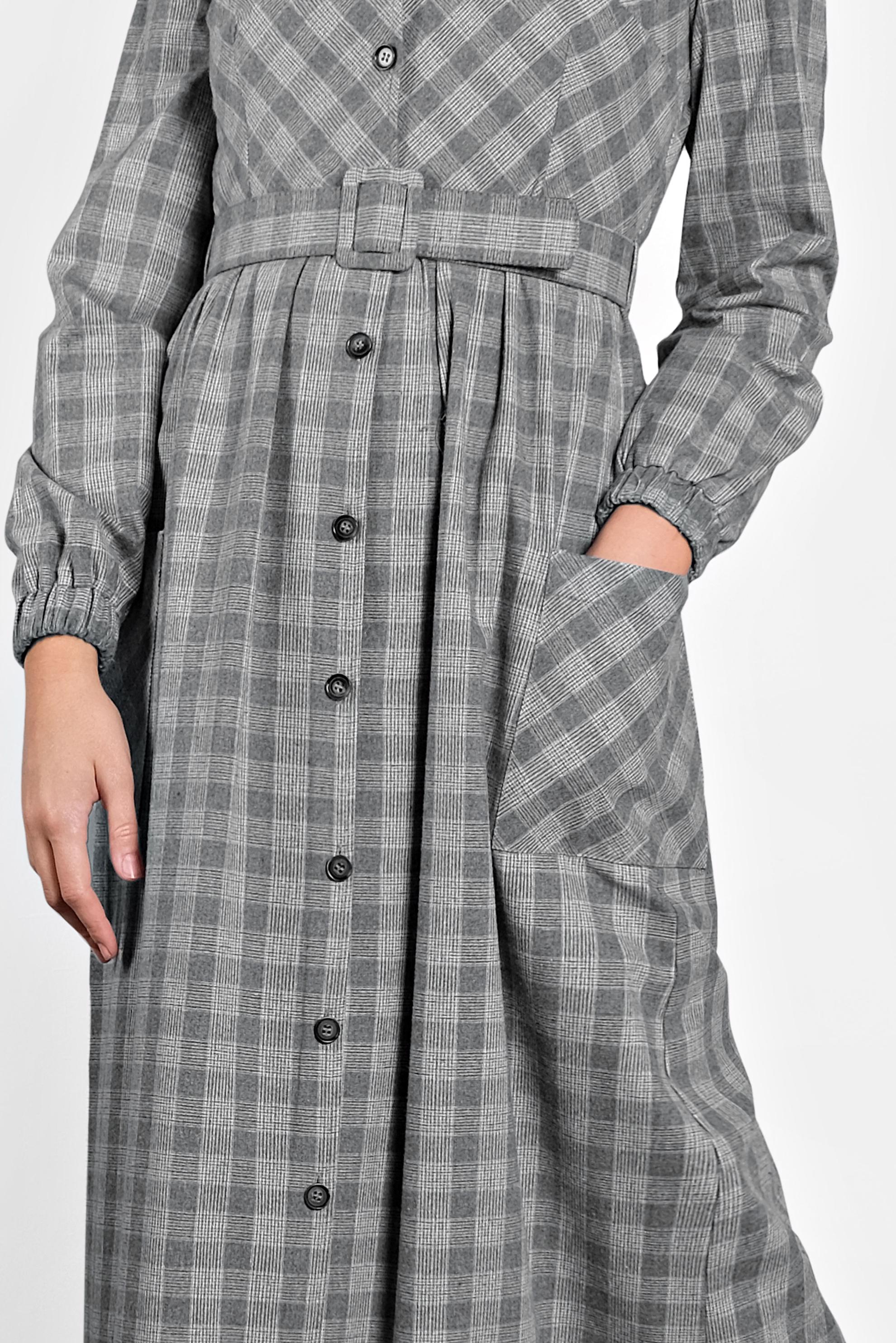 Tesettür giyim GRİ PAMUKLU KEMERLİ EKOSE DESEN  ELBİSE 40177 