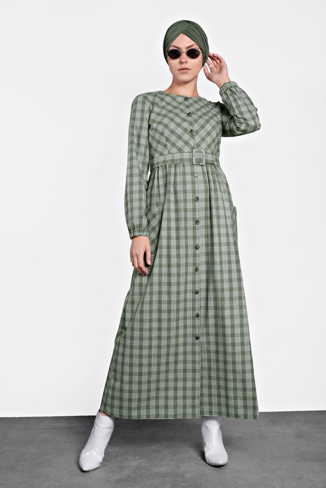 Hijab clothing  BELTED PLAID COTTON DRESS 40177  - ALVİNA